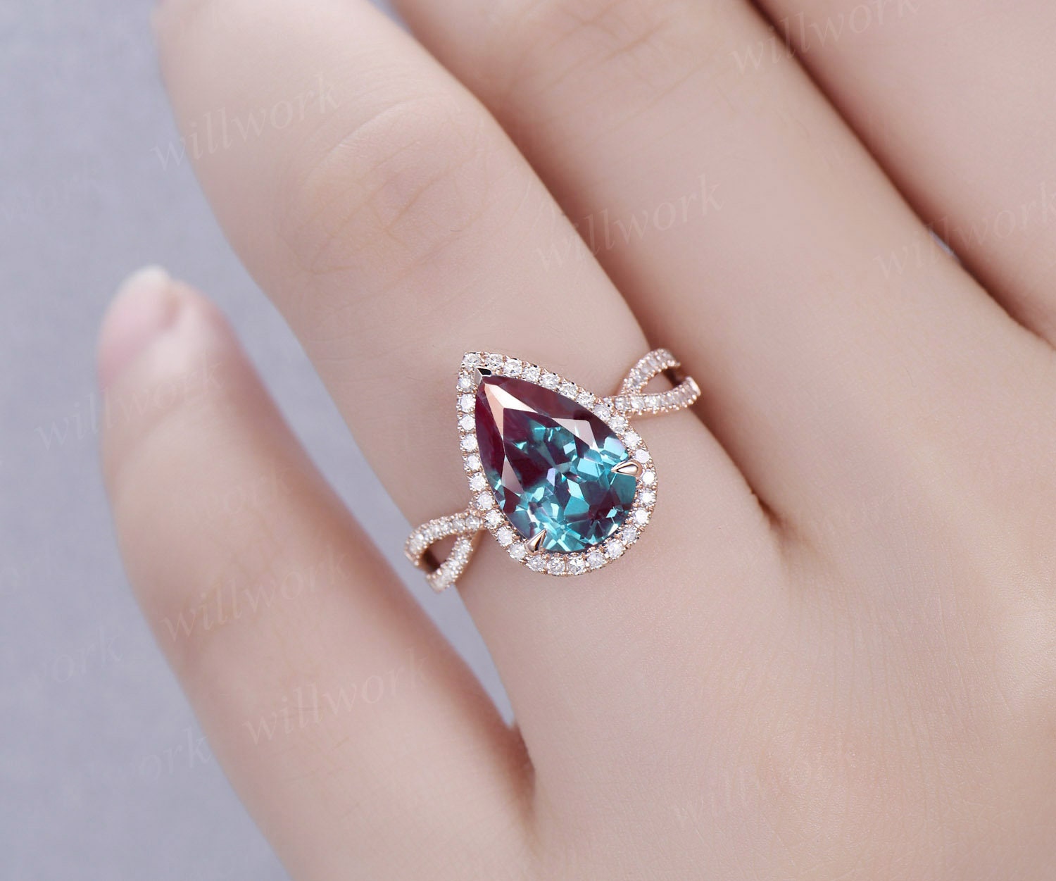 8x12mm pear shaped Alexandrite engagement ring vintage infinity diamond ring color change stone ring for women dainty jewelry bridal gift