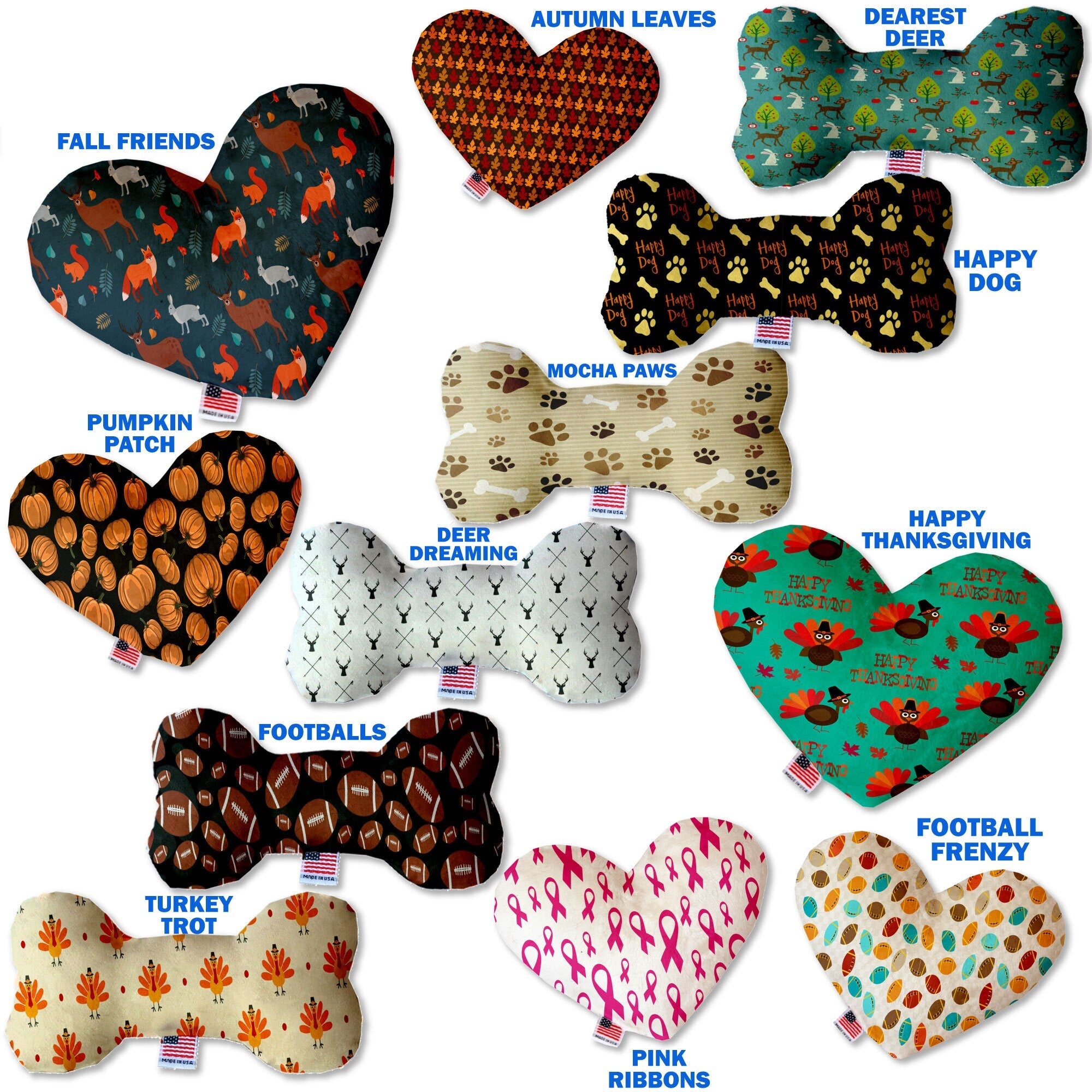 Pet and Dog Plush Heart or Bone Toy, "Fall Harvest Group" (Available in different sizes, and 12 different pattern options!)