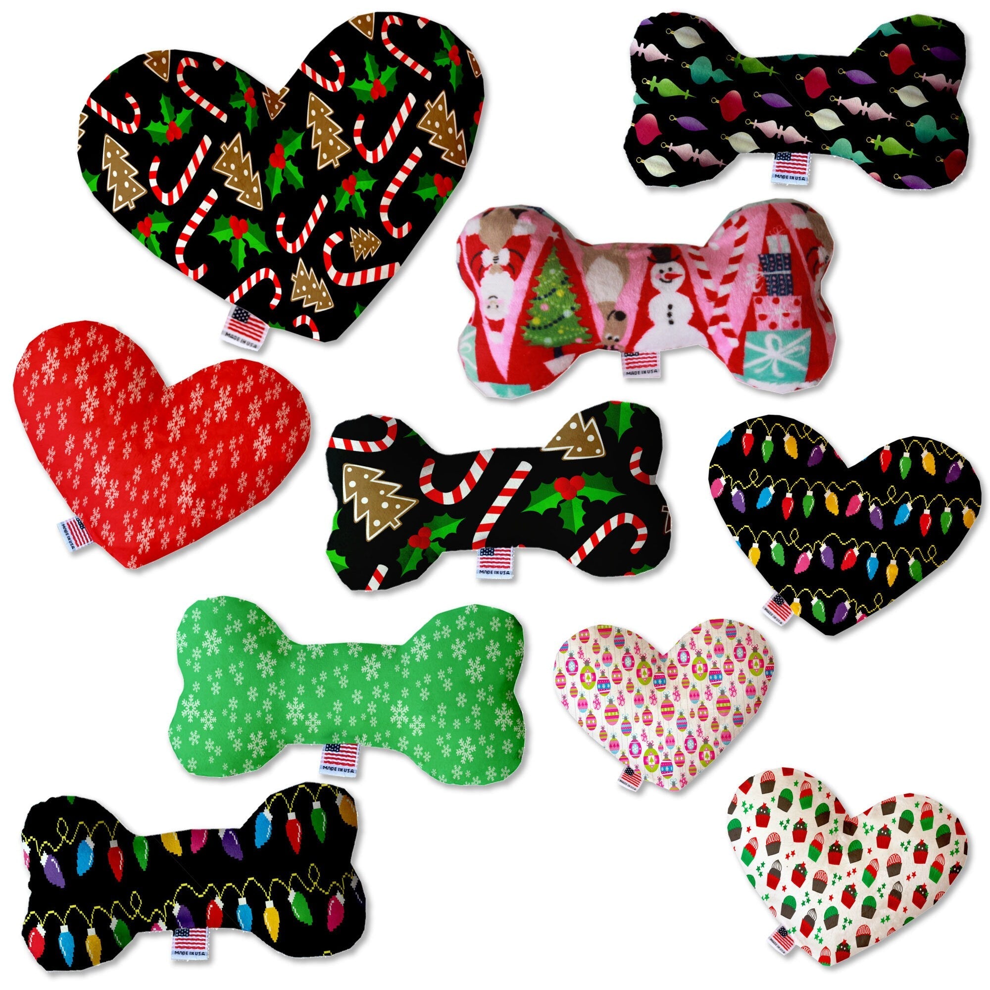 Christmas Pet and Dog Plush Heart or Bone Toy, "Candy Cane Lane Group" (Available in different sizes and 8 different patterns!)