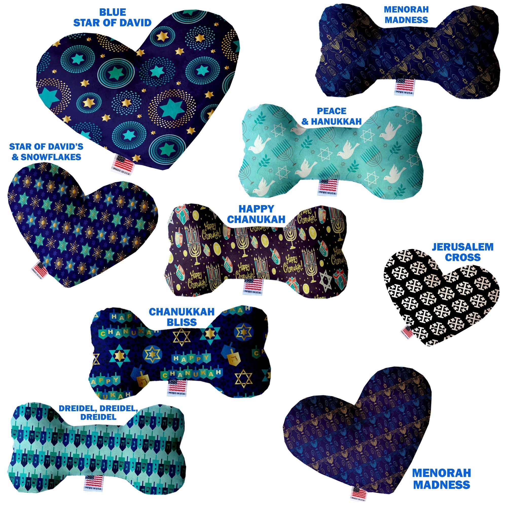 Pet and Dog Plush Heart or Bone Toy, "Hanukkah Group" (Available in different sizes, and 8 different pattern options!)