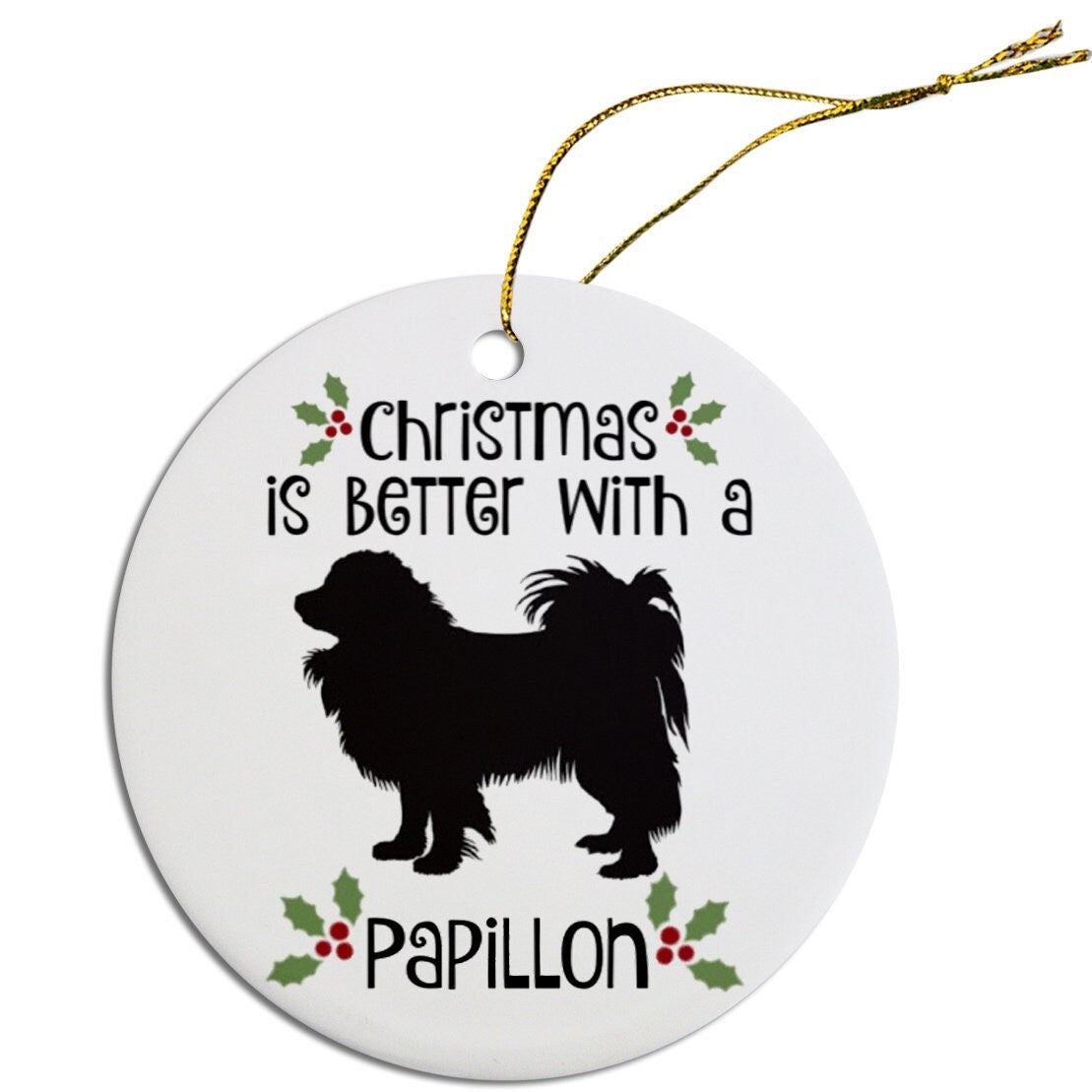 Dog Breed Specific Round Christmas Ornament, "Papillon"