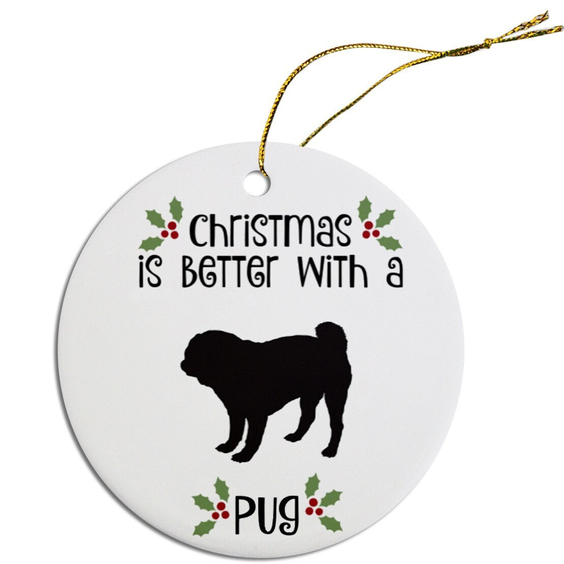 Dog Breed Specific Round Christmas Ornament, "Pug"