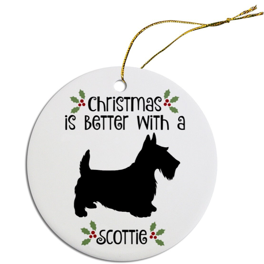 Dog Breed Specific Round Christmas Ornament, "Scottie"