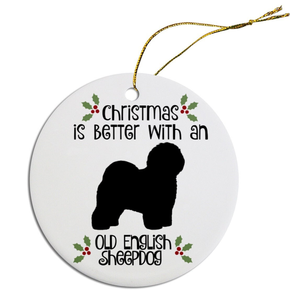 Dog Breed Specific Round Christmas Ornament, "Old English Sheepdog"