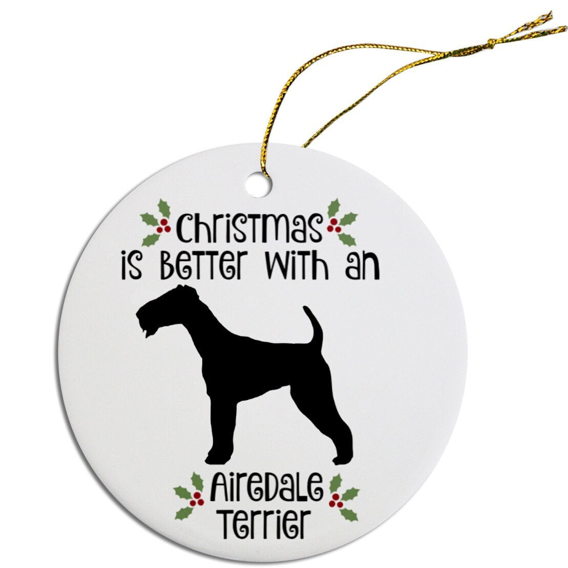 Dog Breed Specific Round Christmas Ornament, "Airedale Terrier"