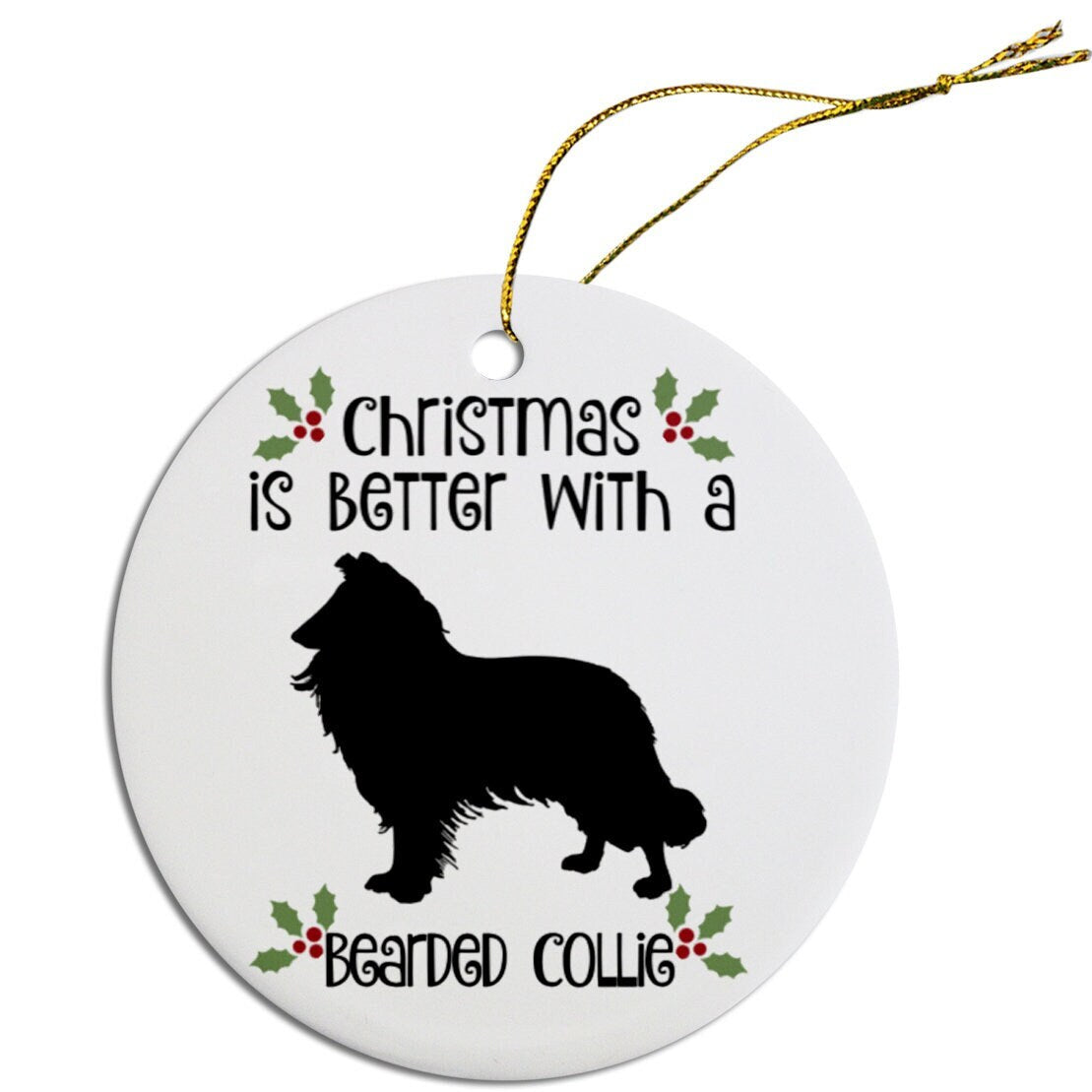 Dog Breed Specific Round Christmas Ornament, "Bearded Collie"