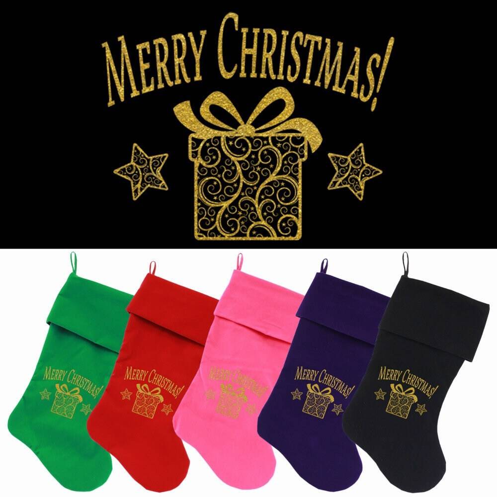 Velvet Christmas Stocking Screen Printed, "Golden Christmas Present"