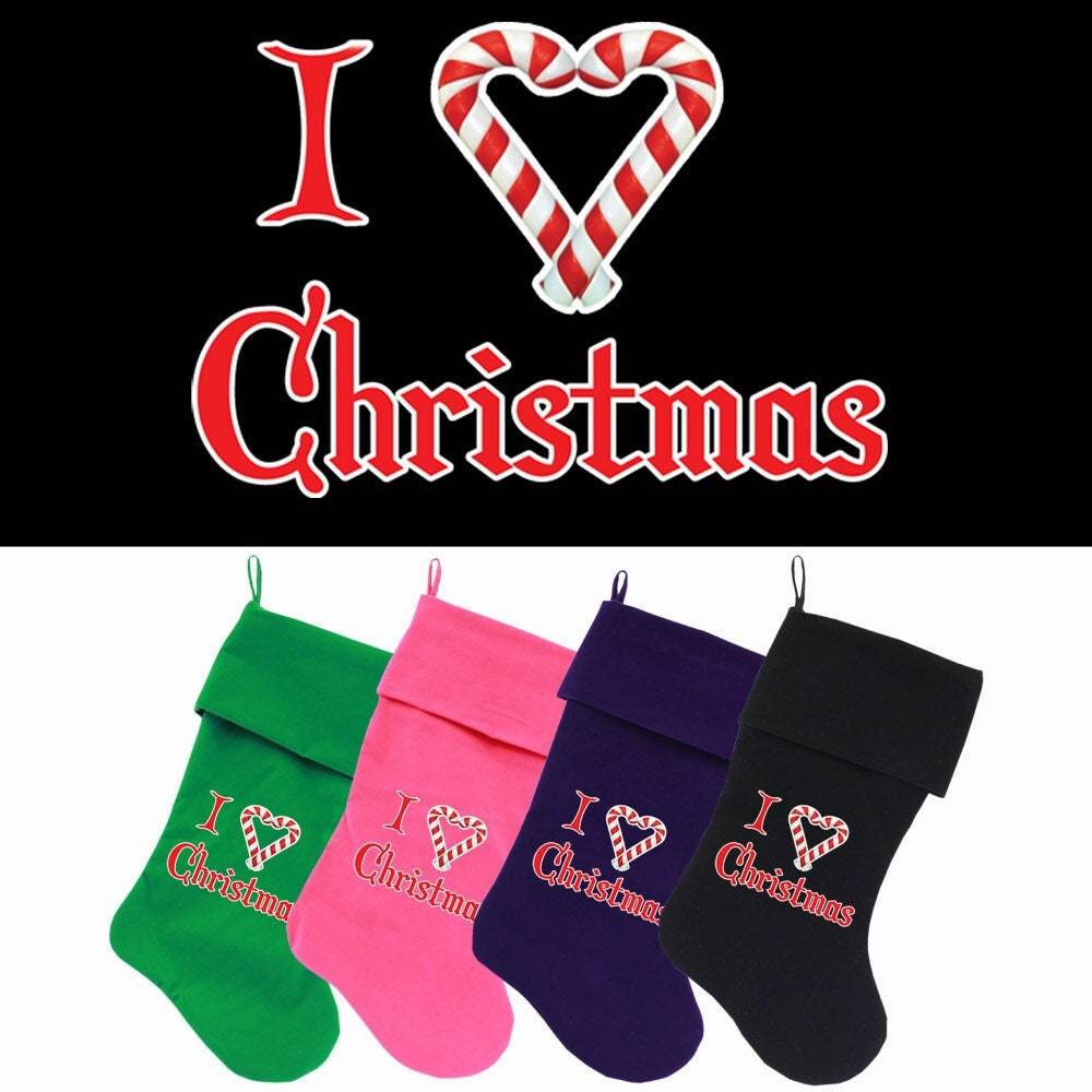 Velvet Christmas Stocking Screen Printed, "I Heart Christmas"