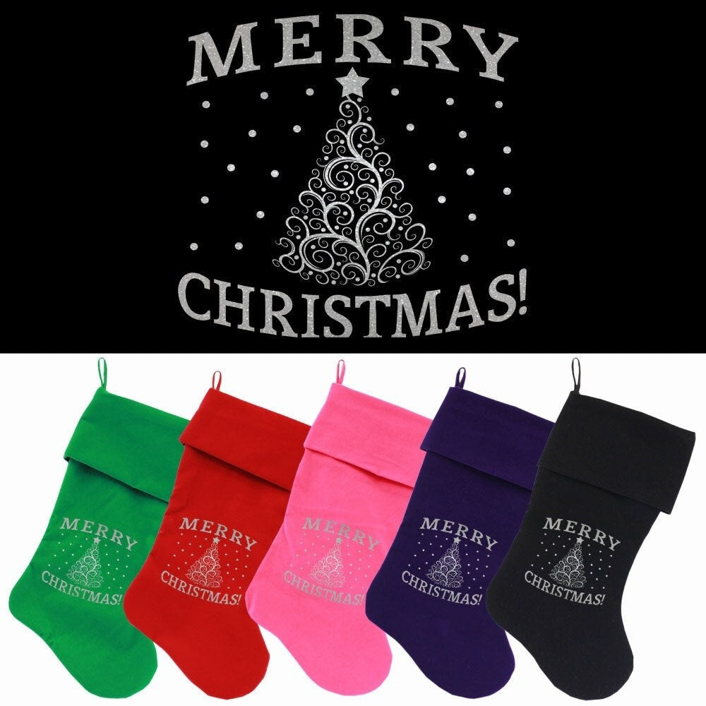 Velvet Christmas Stocking Screen Printed, "Shimmer Christmas Tree"