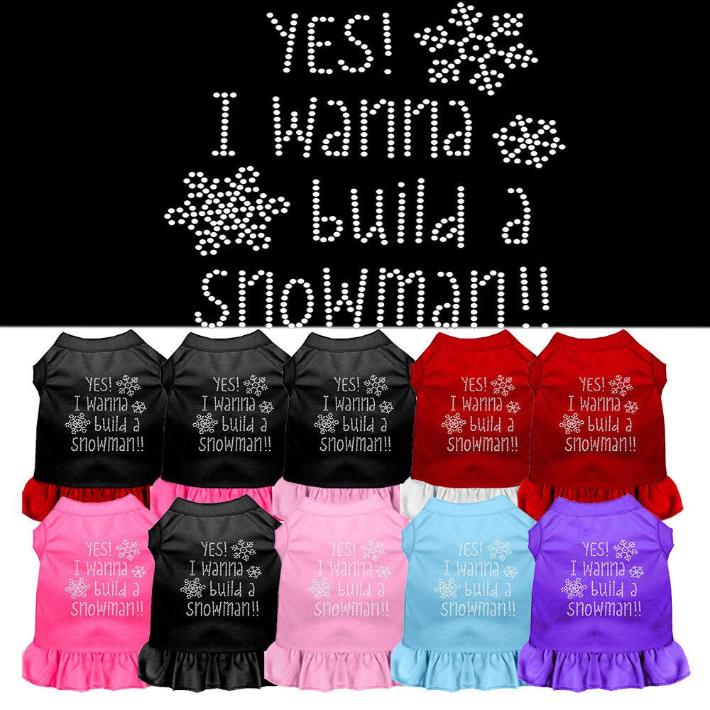 Christmas Pet Dog & Cat Dress Rhinestone, "Yes! I Want To Build A Snowman"