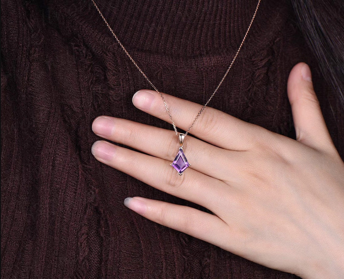 Kite natural Amethyst necklace solid 14k 18k rose gold vintage unique Personalized pendant for women her anniversary bridal gift mother