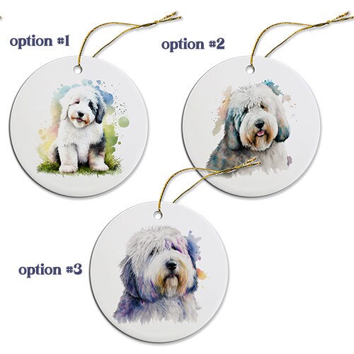 Dog Breed Specific Round Christmas Ornament, "Old English Sheepdog"