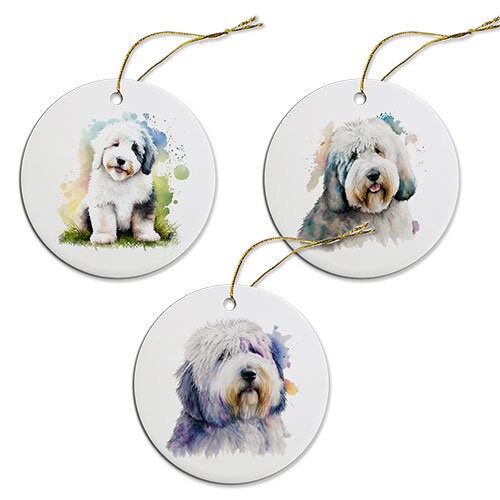 Dog Breed Specific Round Christmas Ornament, "Old English Sheepdog"