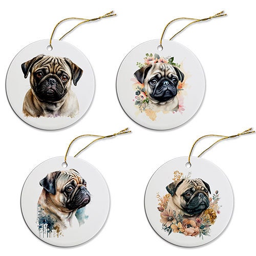 Dog Breed Specific Round Christmas Ornament, "Pug"