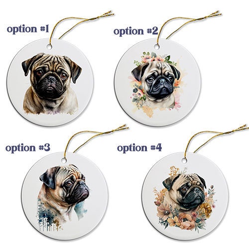 Dog Breed Specific Round Christmas Ornament, "Pug"