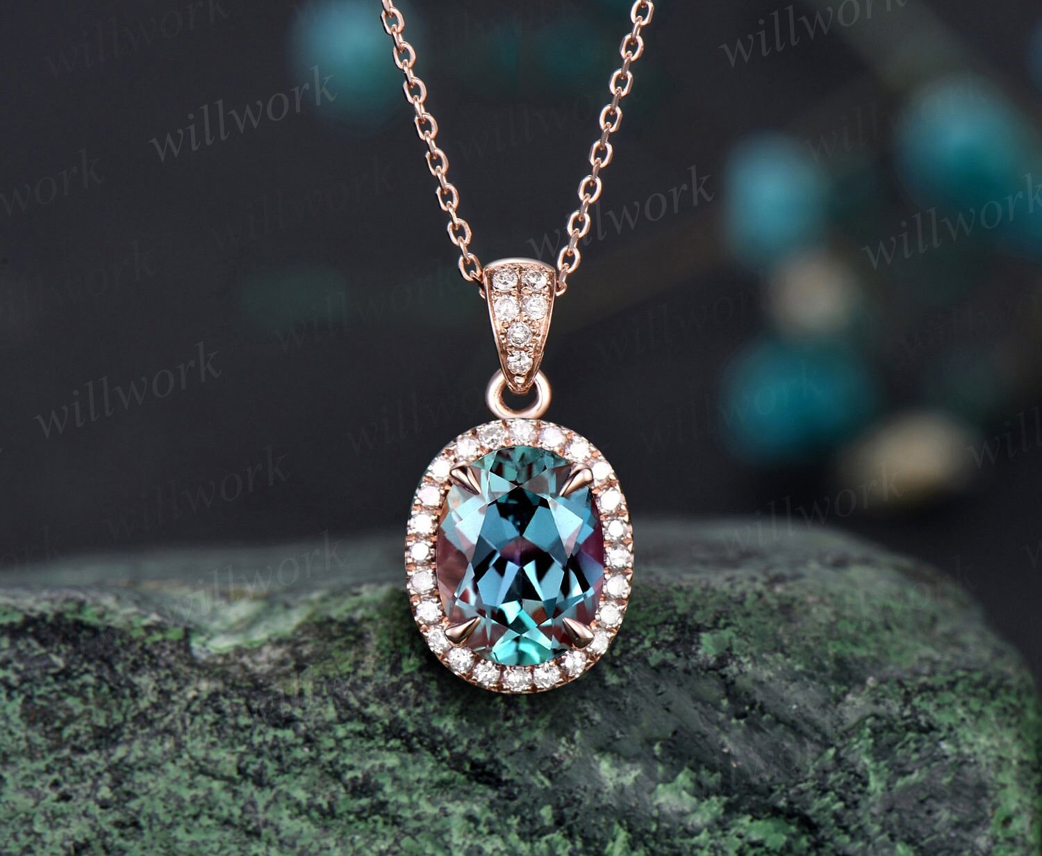 2ct oval cut alexandrite necklace solid 14k rose gold vintage unique halo diamond necklace pendant women June birthstone anniversary gift