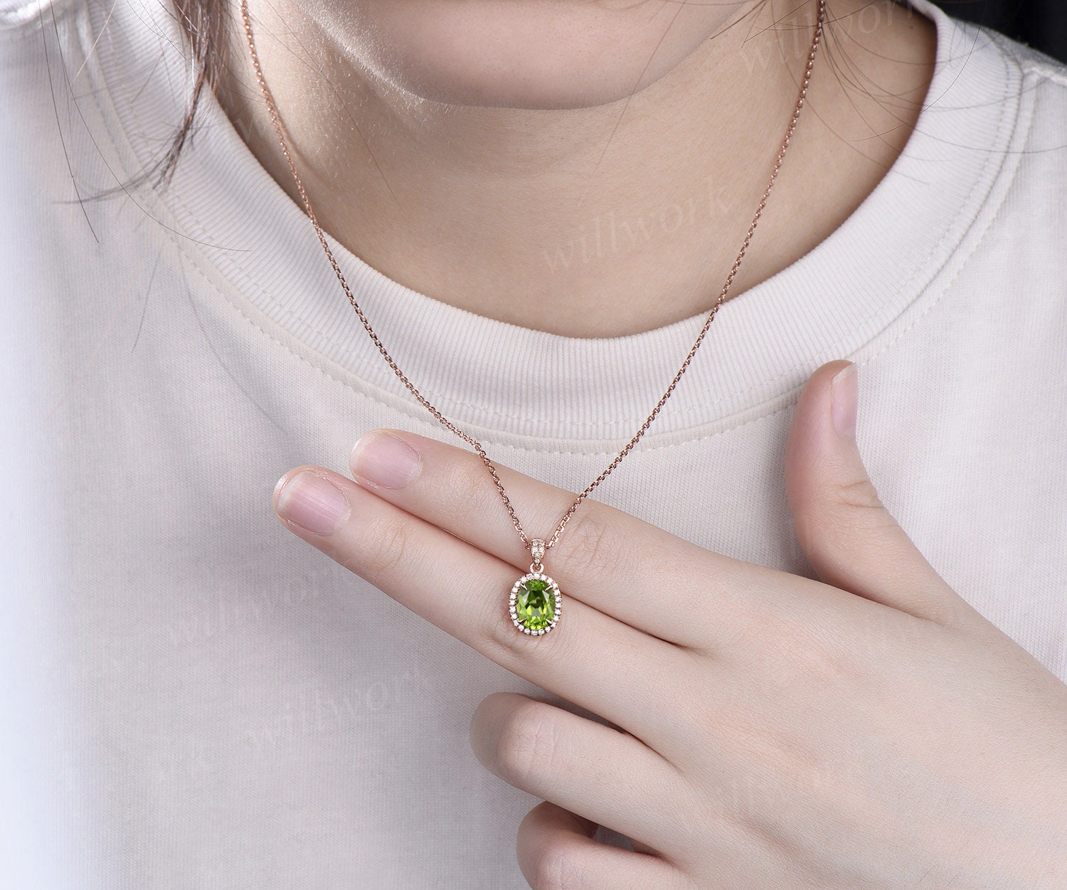 2ct oval cut peridot necklace solid 14k yellow gold vintage unique halo diamond necklace pendant women August birthstone anniversary gift