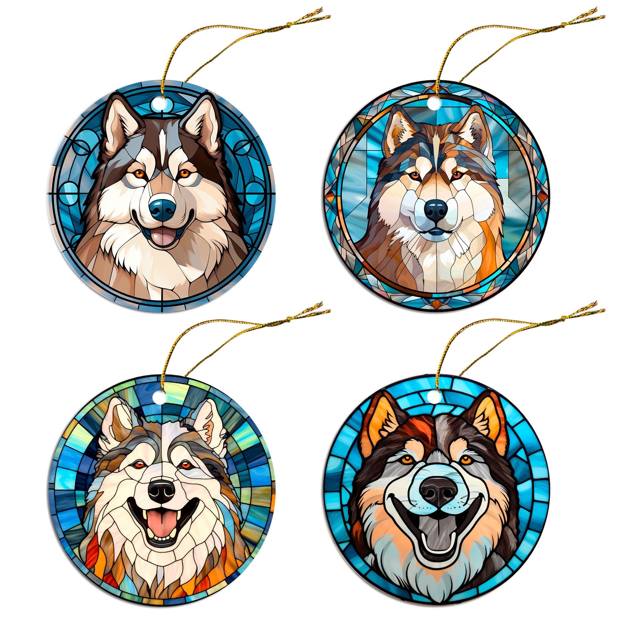 Dog Breed Christmas Ornament Stained Glass Style, "Alaskan Malamute"