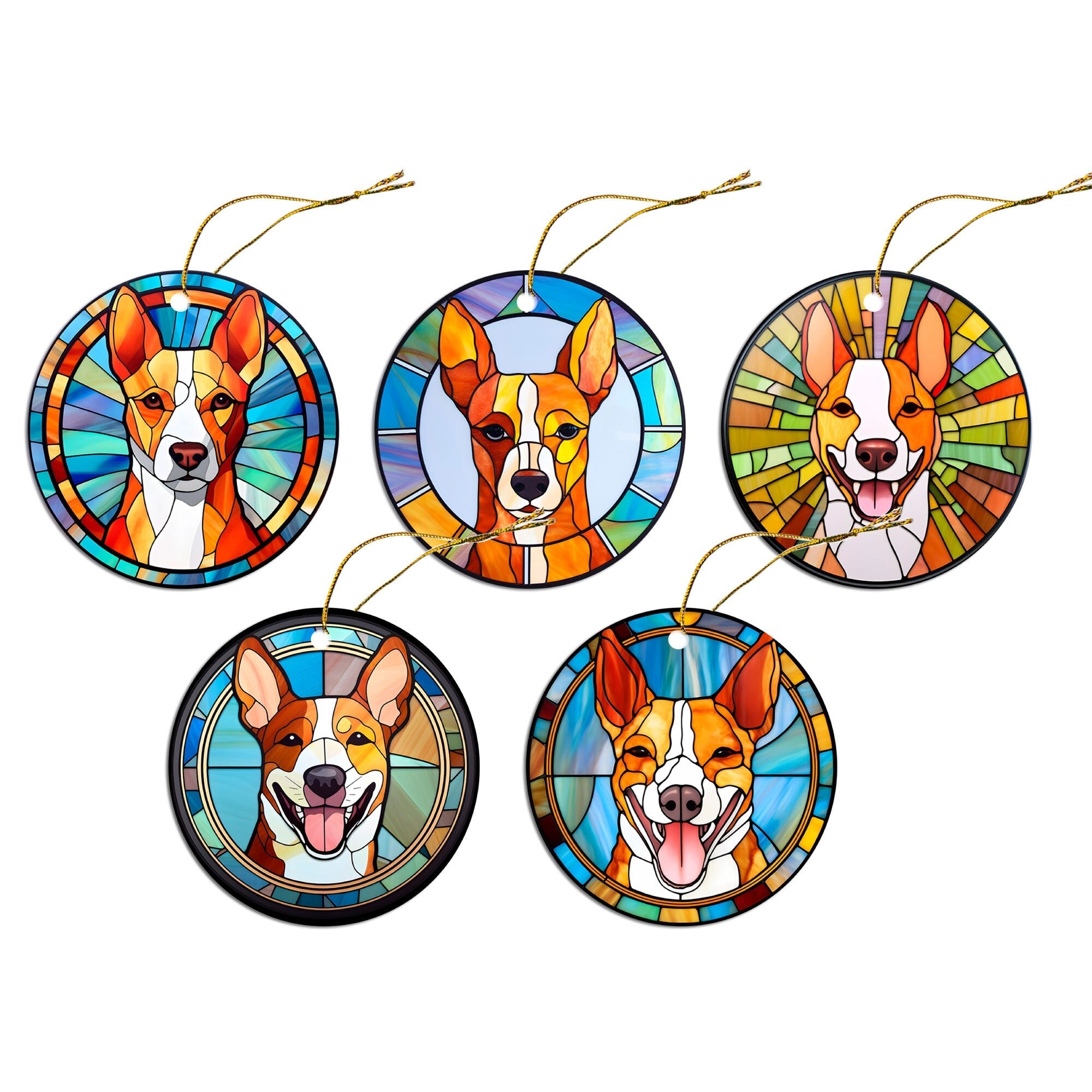 Dog Breed Christmas Ornament Stained Glass Style, "Basenji"