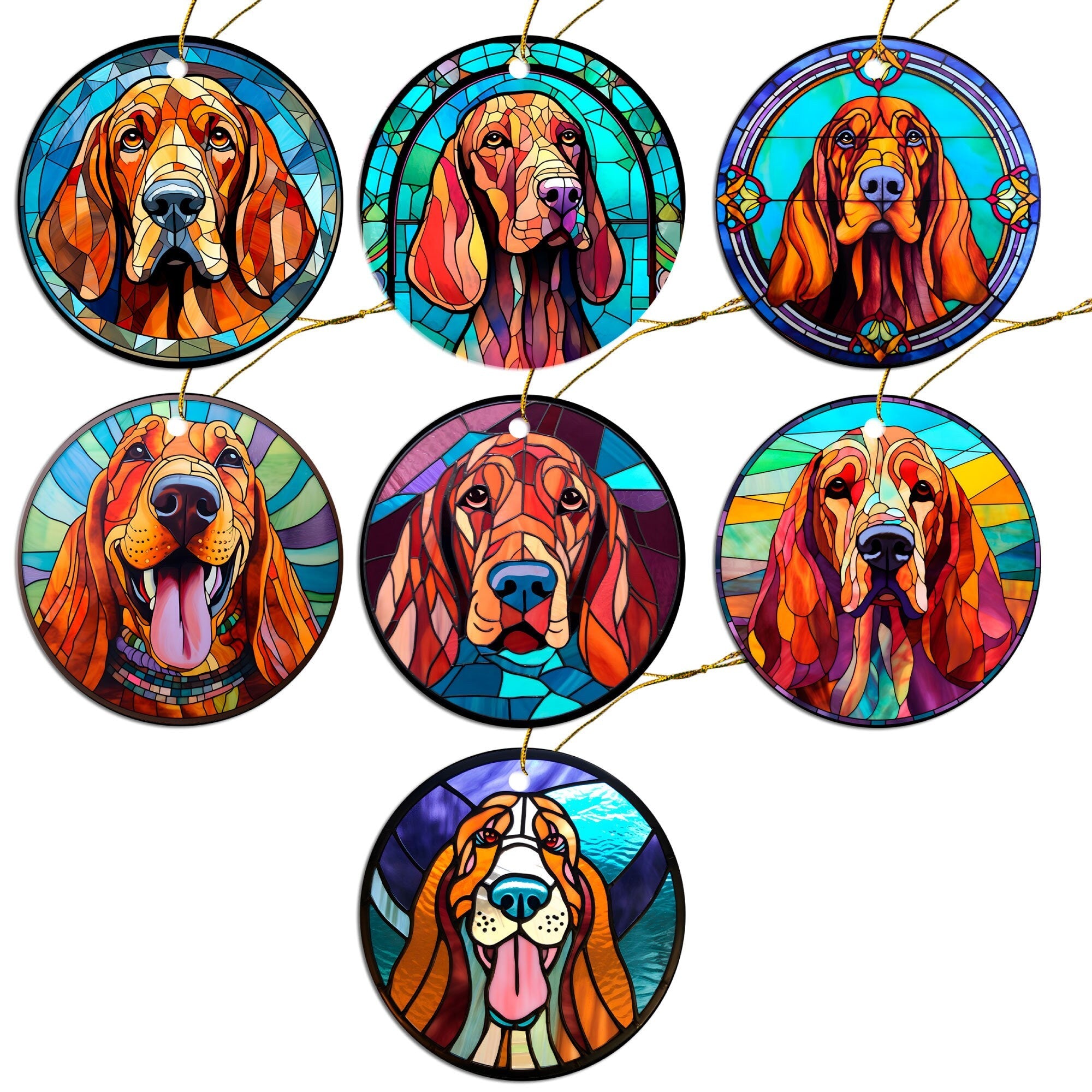 Dog Breed Christmas Ornament Stained Glass Style, "Bloodhound"