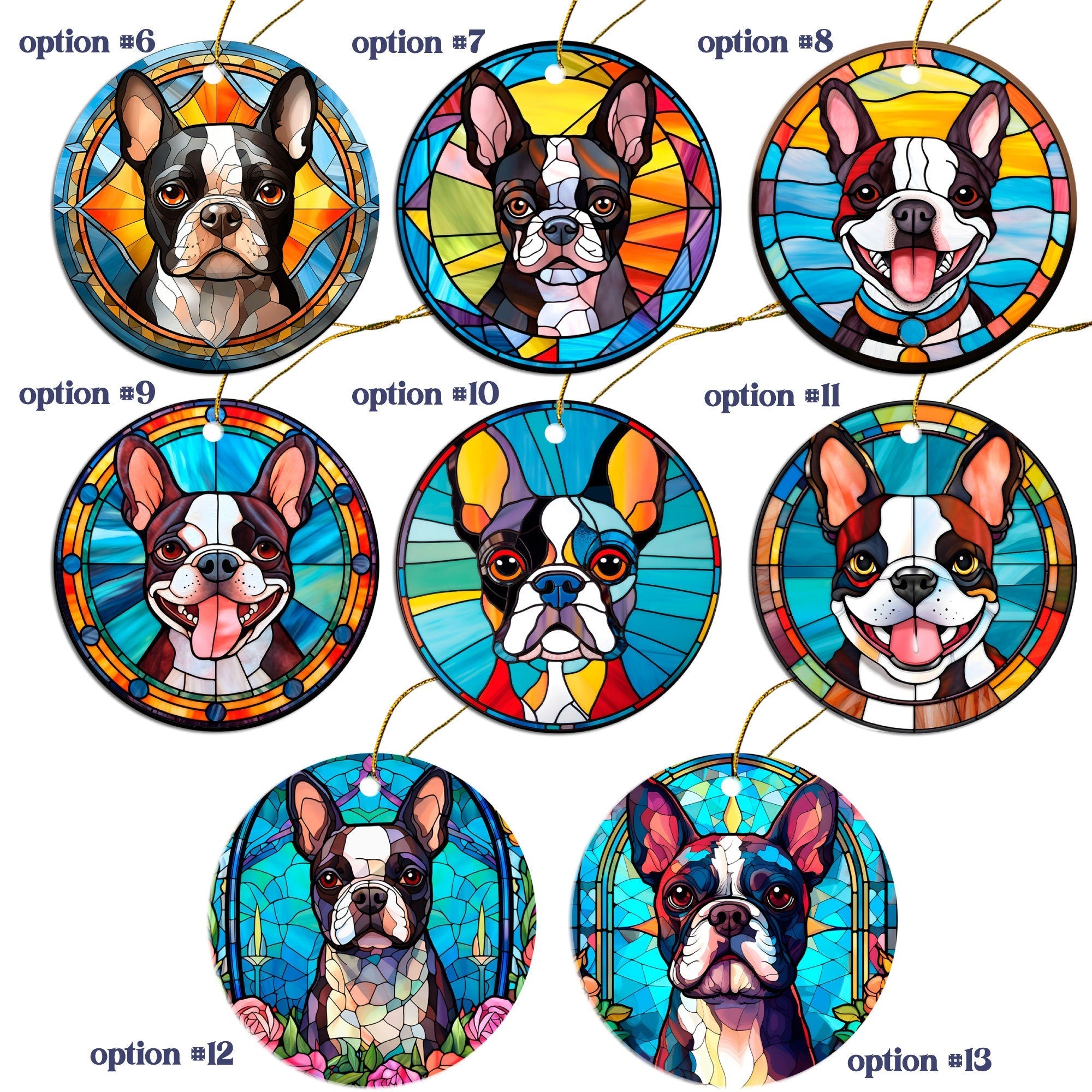 Dog Breed Christmas Ornament Stained Glass Style, "Boston Terrier"