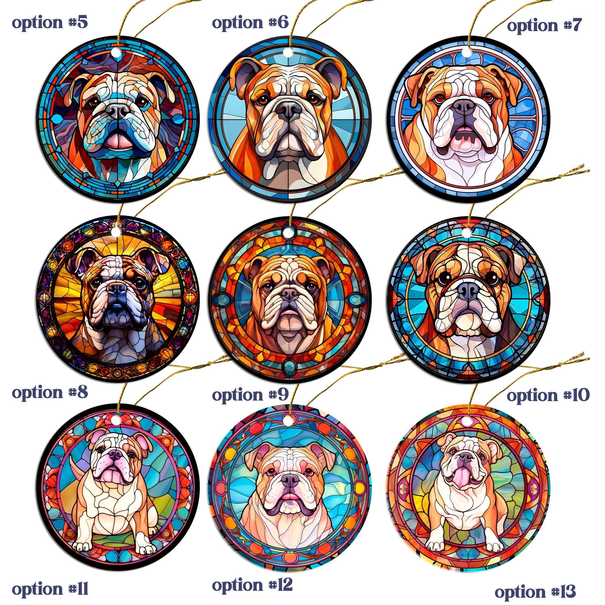 Dog Breed Christmas Ornament Stained Glass Style, "Bulldog"