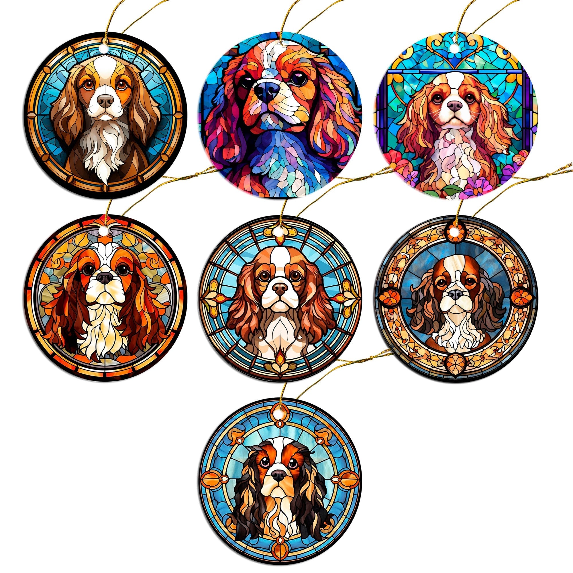 Dog Breed Christmas Ornament Stained Glass Style, "Cavalier King Charles Spaniel"