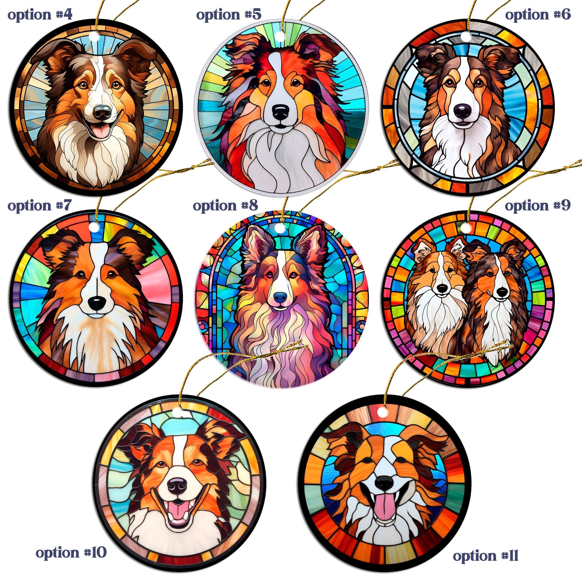 Dog Breed Christmas Ornament Stained Glass Style, "Collie"