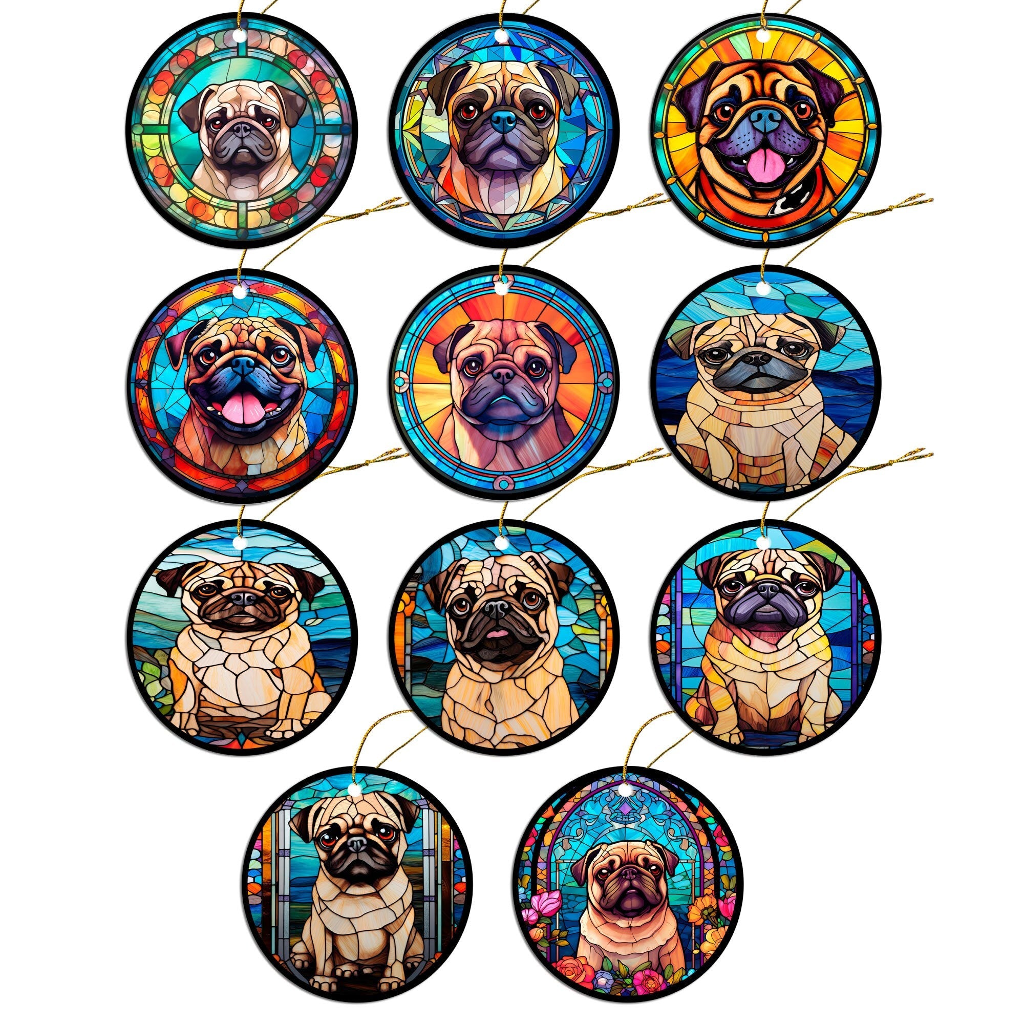 Dog Breed Christmas Ornament Stained Glass Style, "Pug"