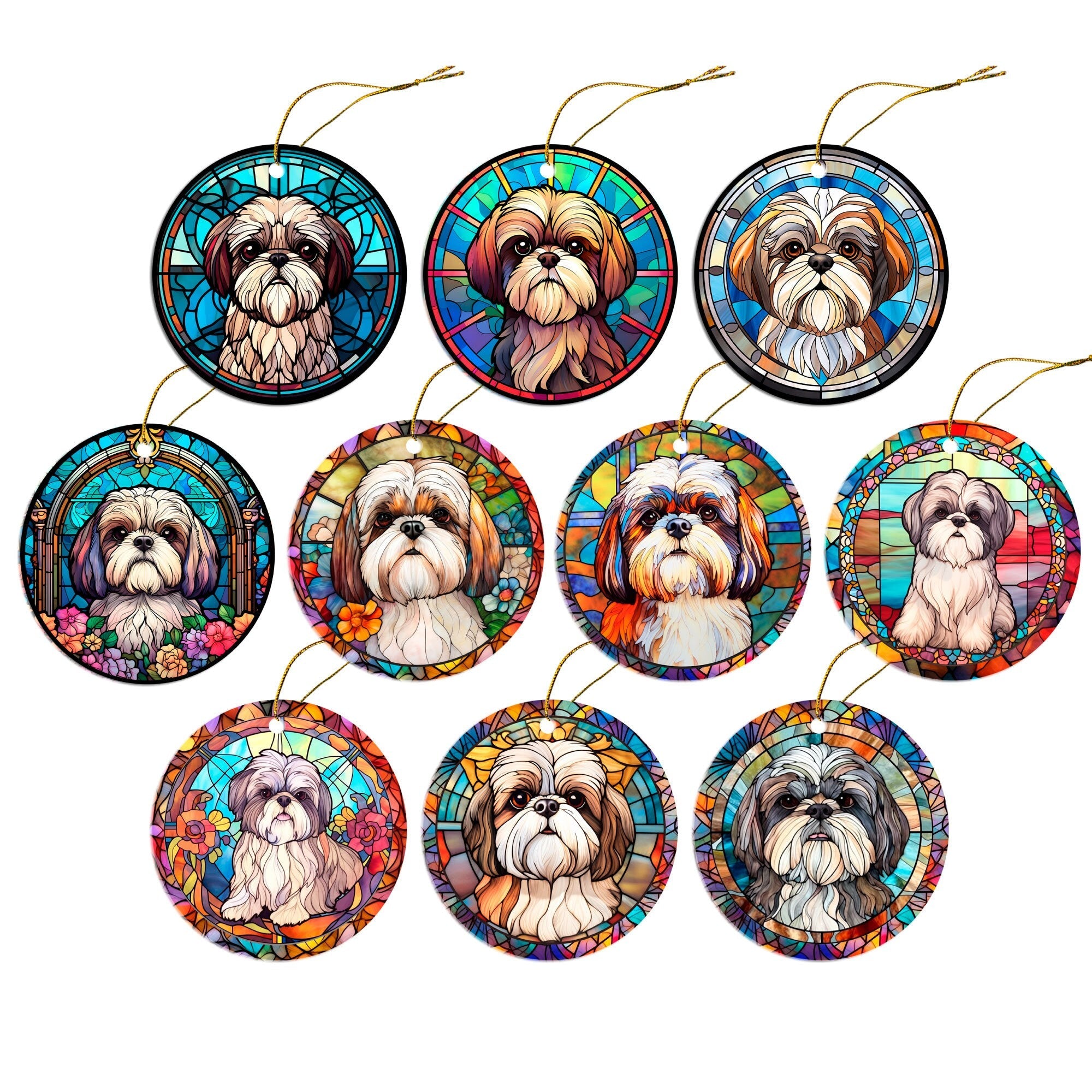 Dog Breed Christmas Ornament Stained Glass Style, "Shih Tzu"