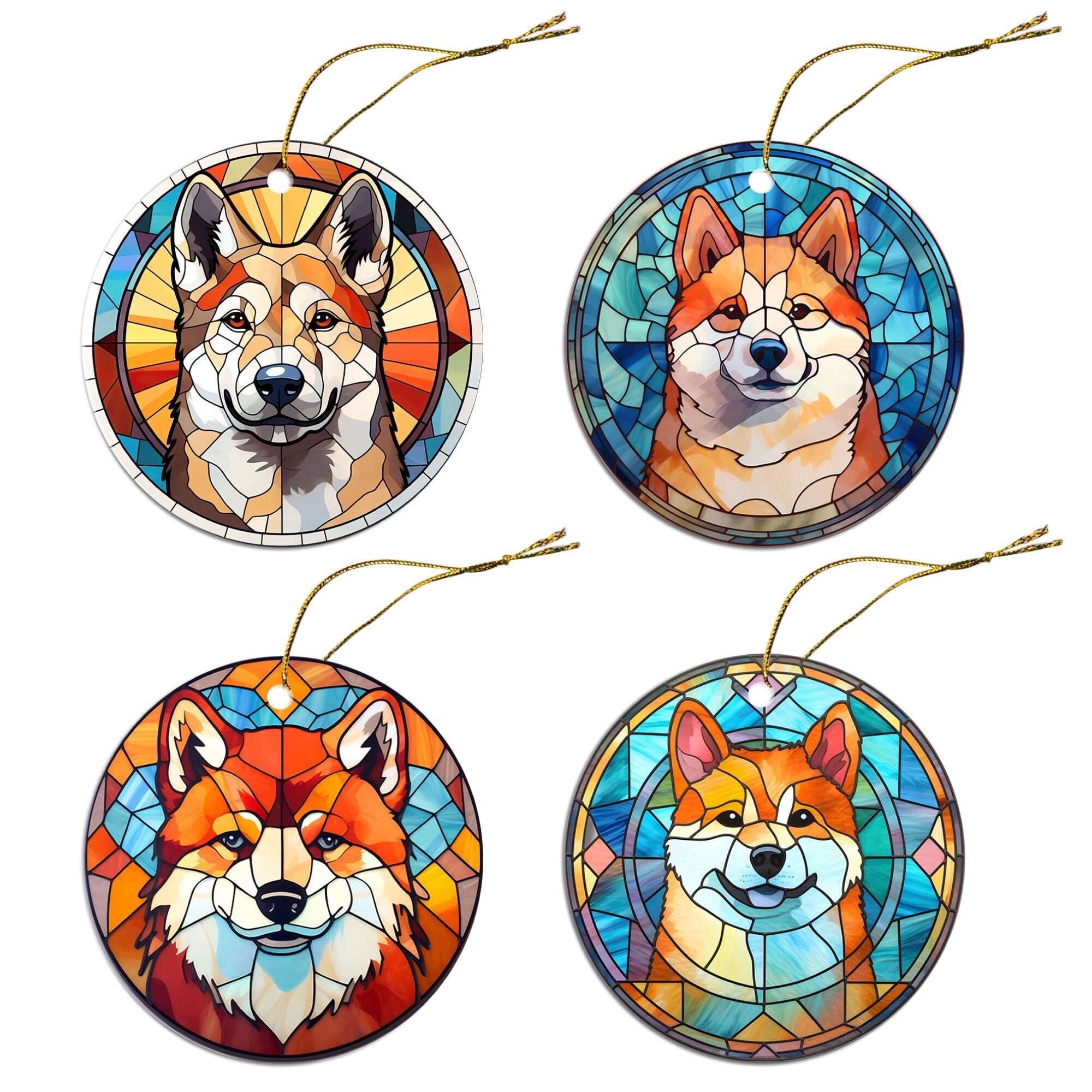 Dog Breed Christmas Ornament Stained Glass Style, "Akita"