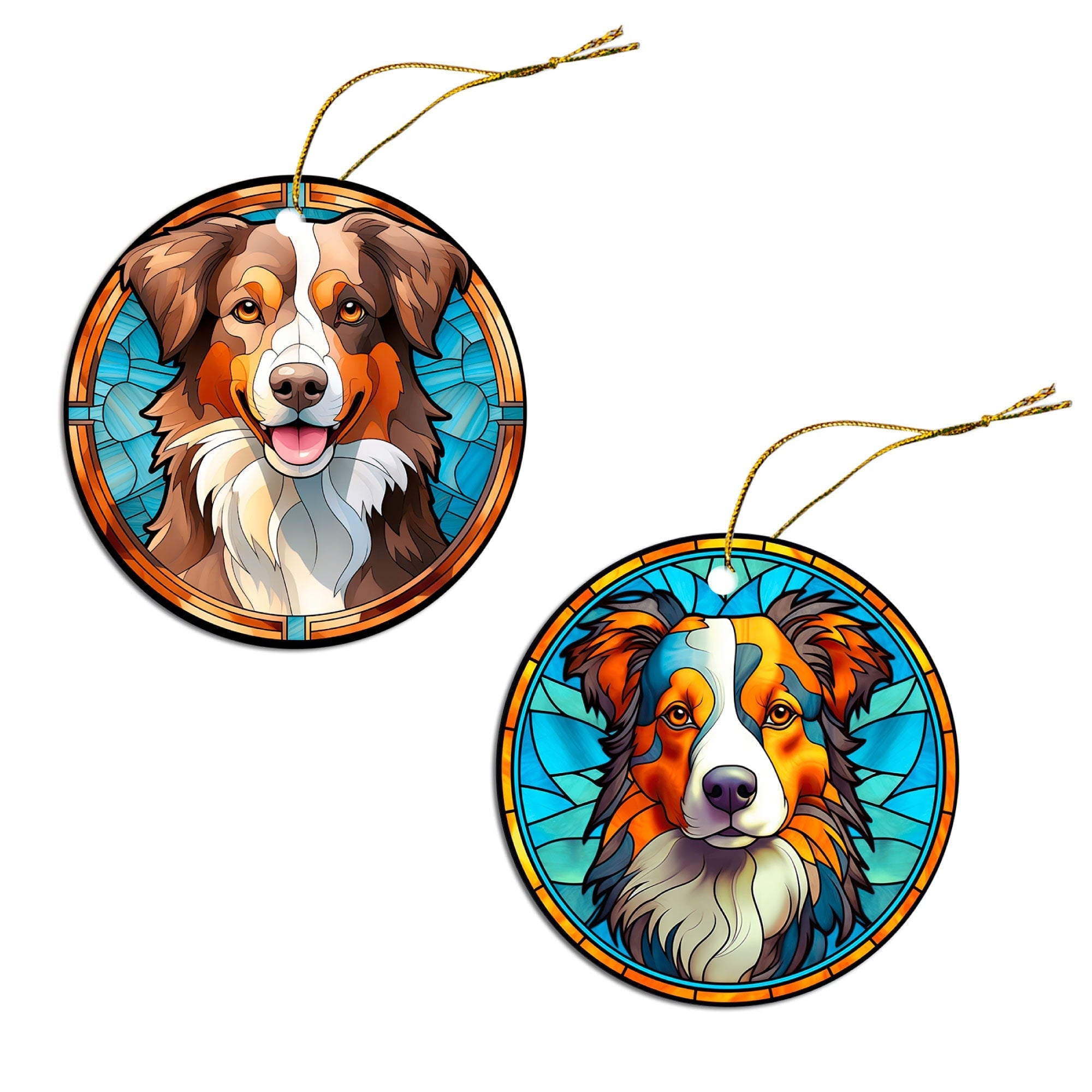 Dog Breed Christmas Ornament Stained Glass Style, "Australian Shepherd"