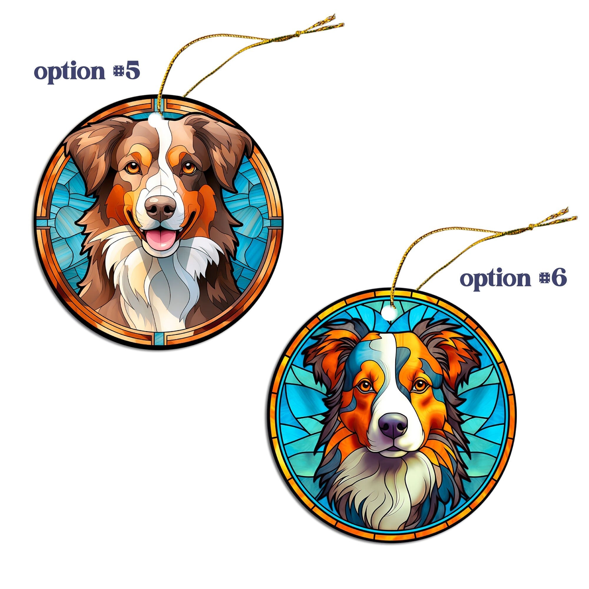 Dog Breed Christmas Ornament Stained Glass Style, "Australian Shepherd"