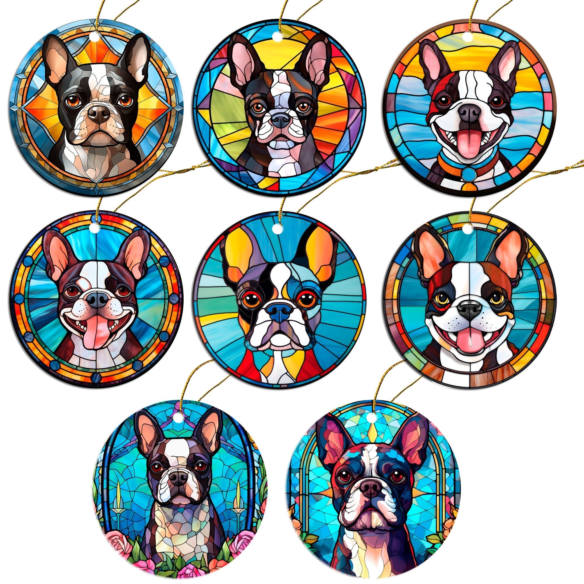 Dog Breed Christmas Ornament Stained Glass Style, "Boston Terrier"