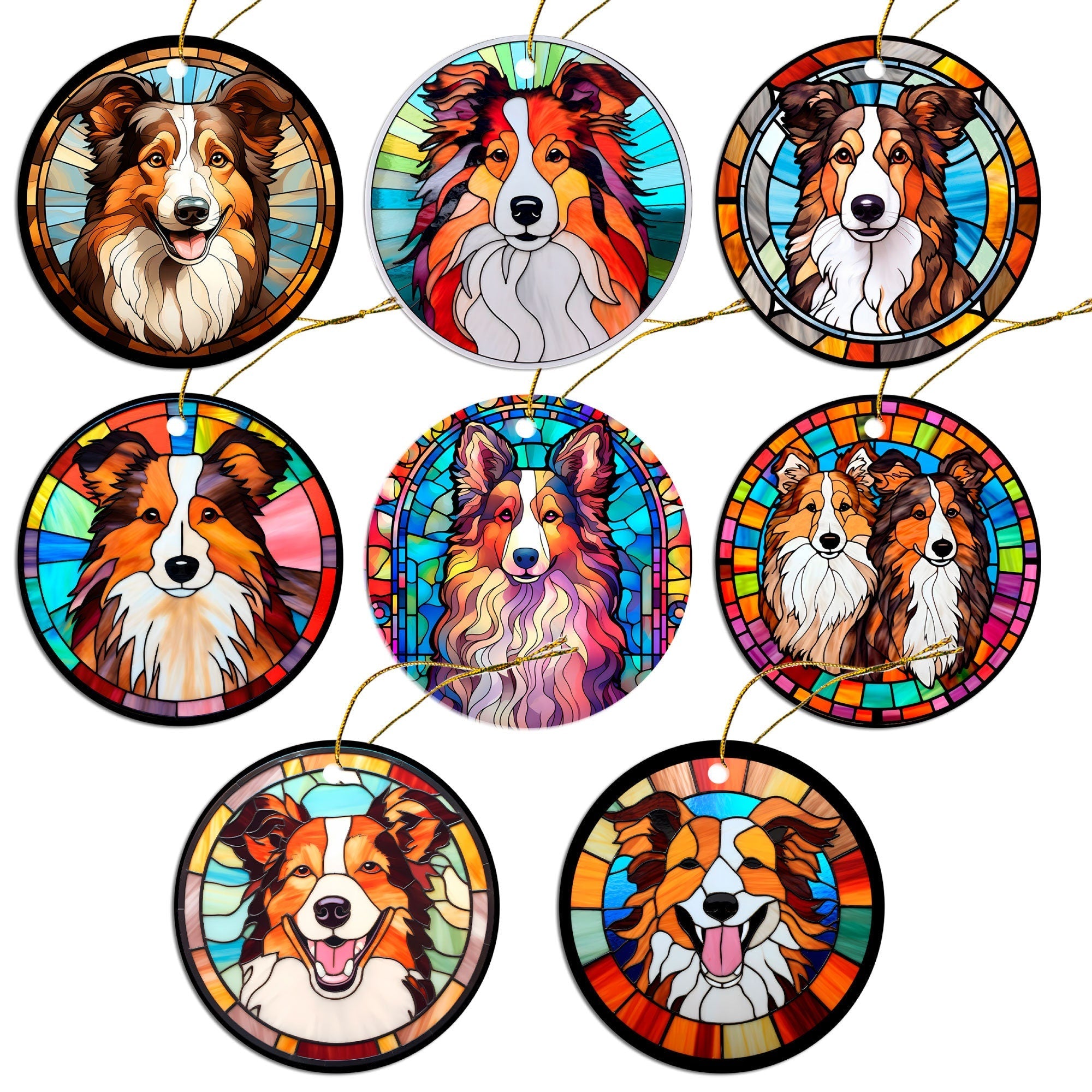 Dog Breed Christmas Ornament Stained Glass Style, "Collie"