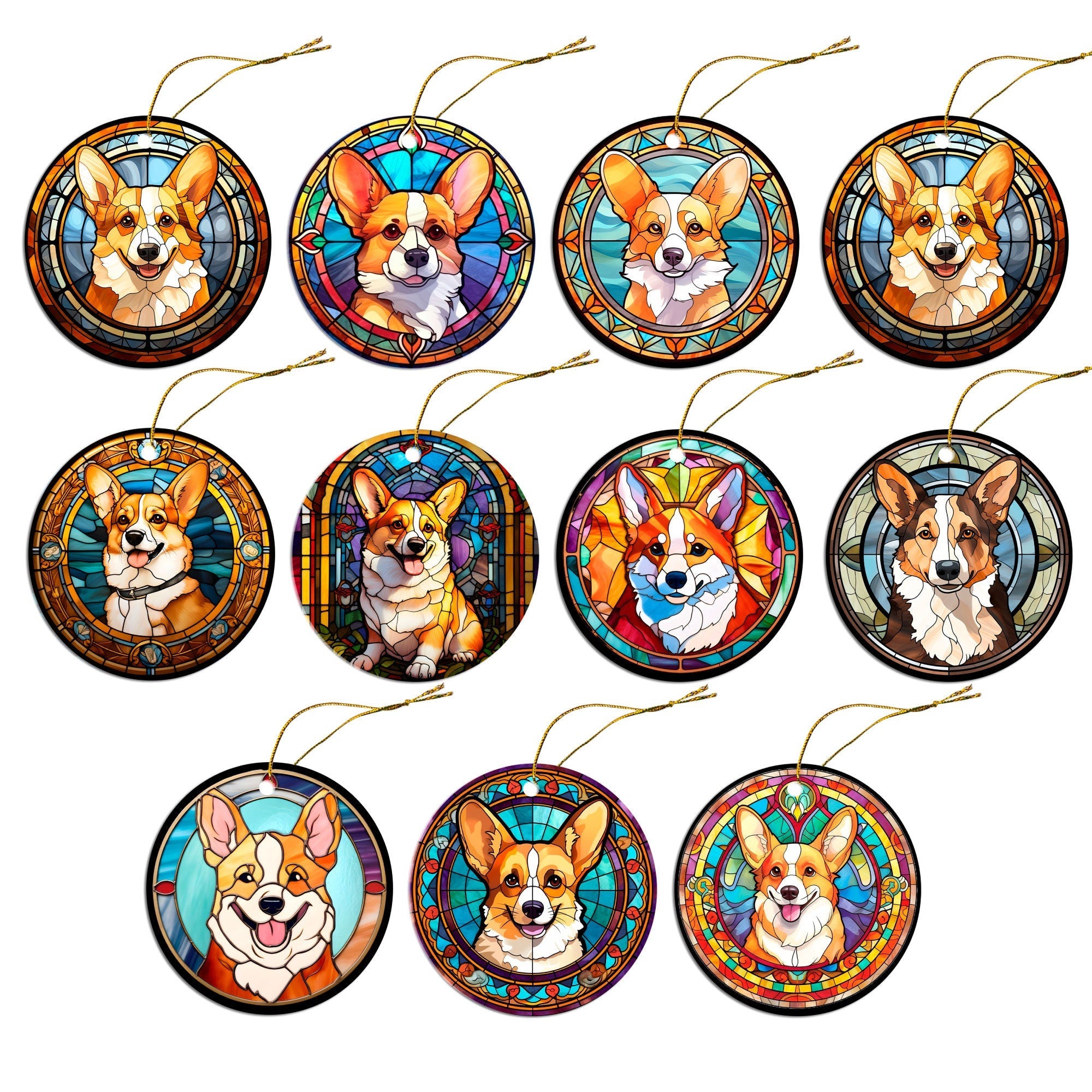 Dog Breed Christmas Ornament Stained Glass Style, "Corgi"