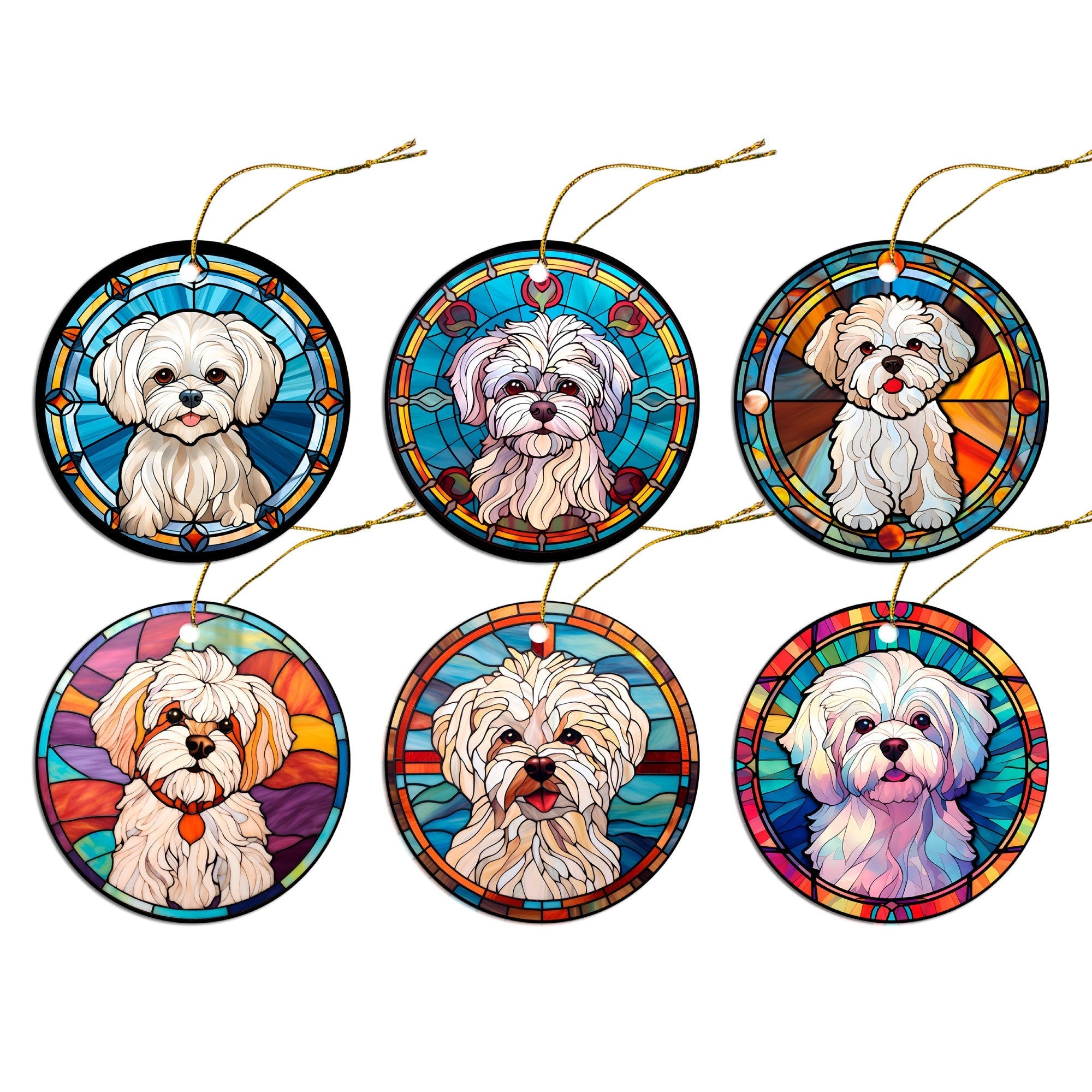 Dog Breed Christmas Ornament Stained Glass Style, "Maltese"