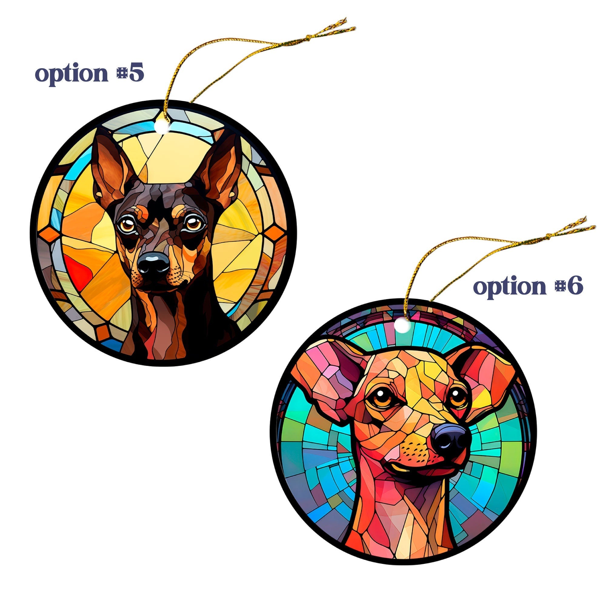 Dog Breed Christmas Ornament Stained Glass Style, "Miniature Pinscher"