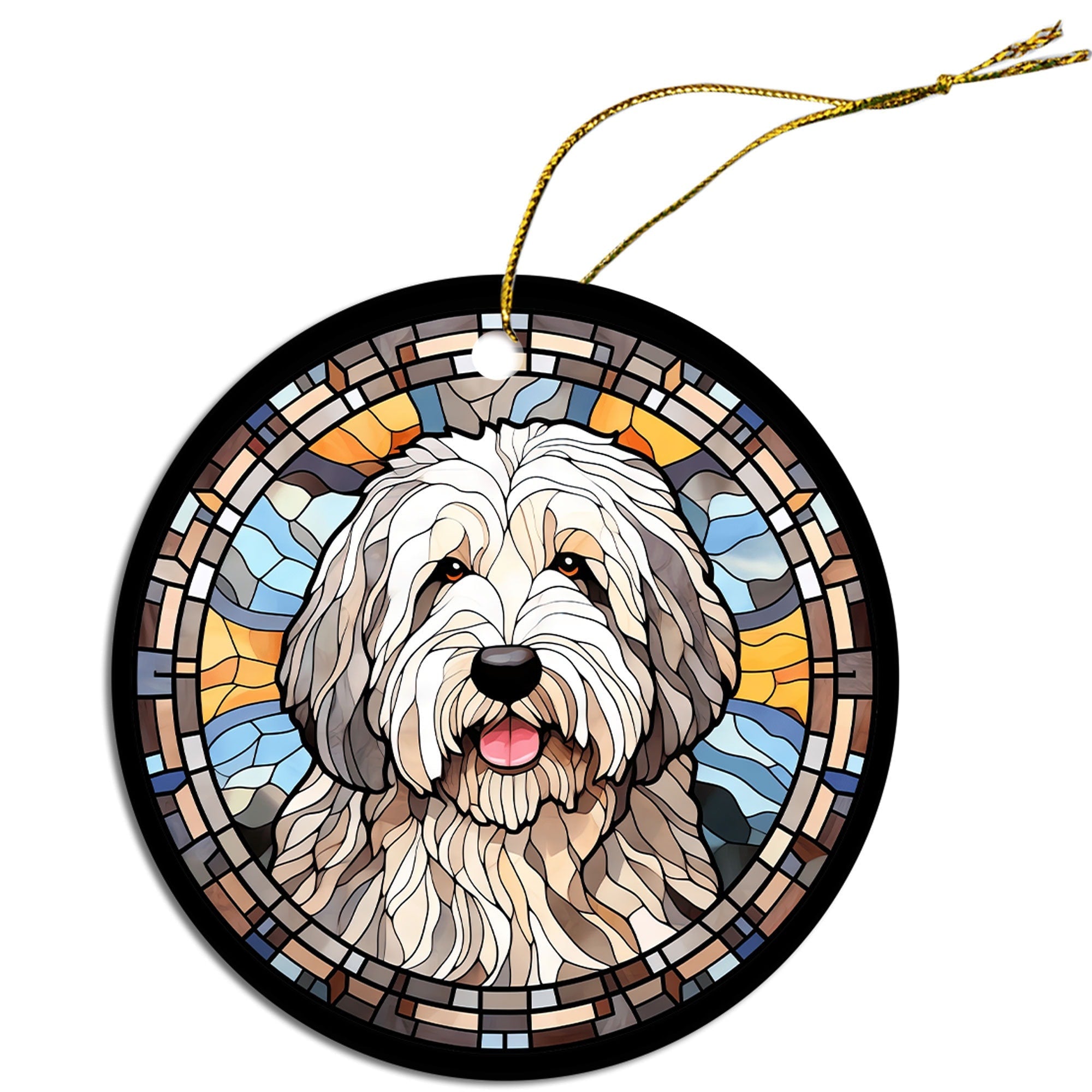 Dog Breed Christmas Ornament Stained Glass Style, "Old English Sheepdog"