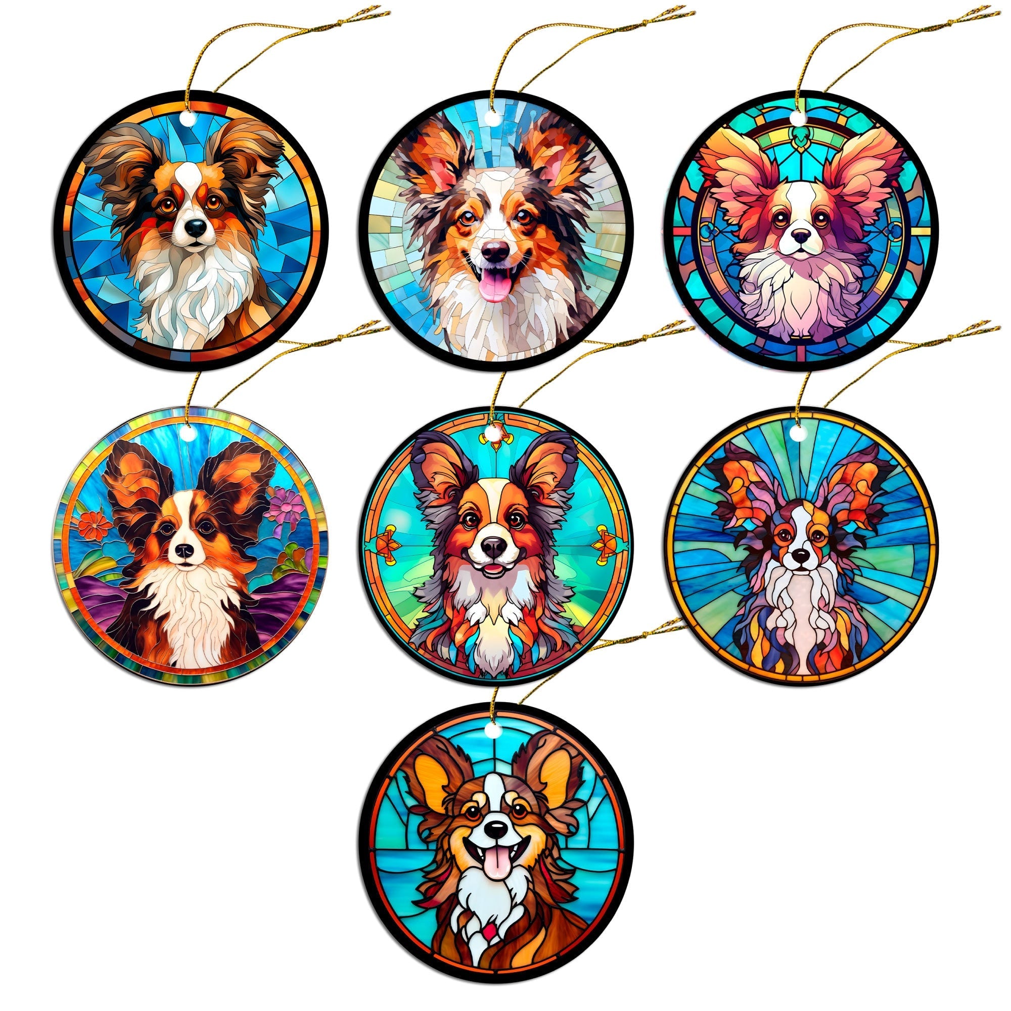 Dog Breed Christmas Ornament Stained Glass Style, "Papillon"