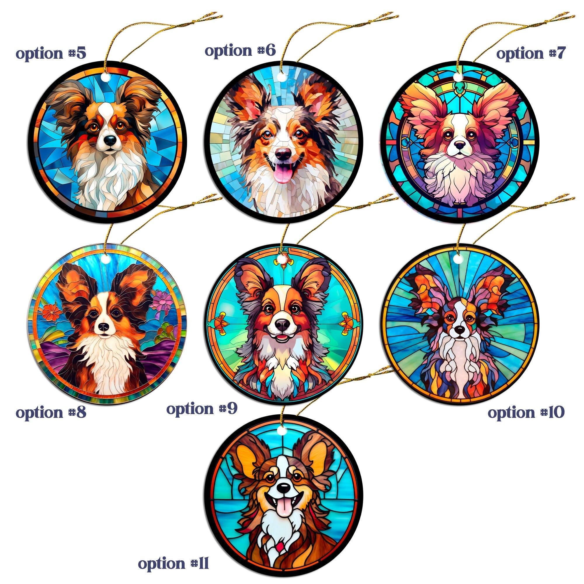 Dog Breed Christmas Ornament Stained Glass Style, "Papillon"