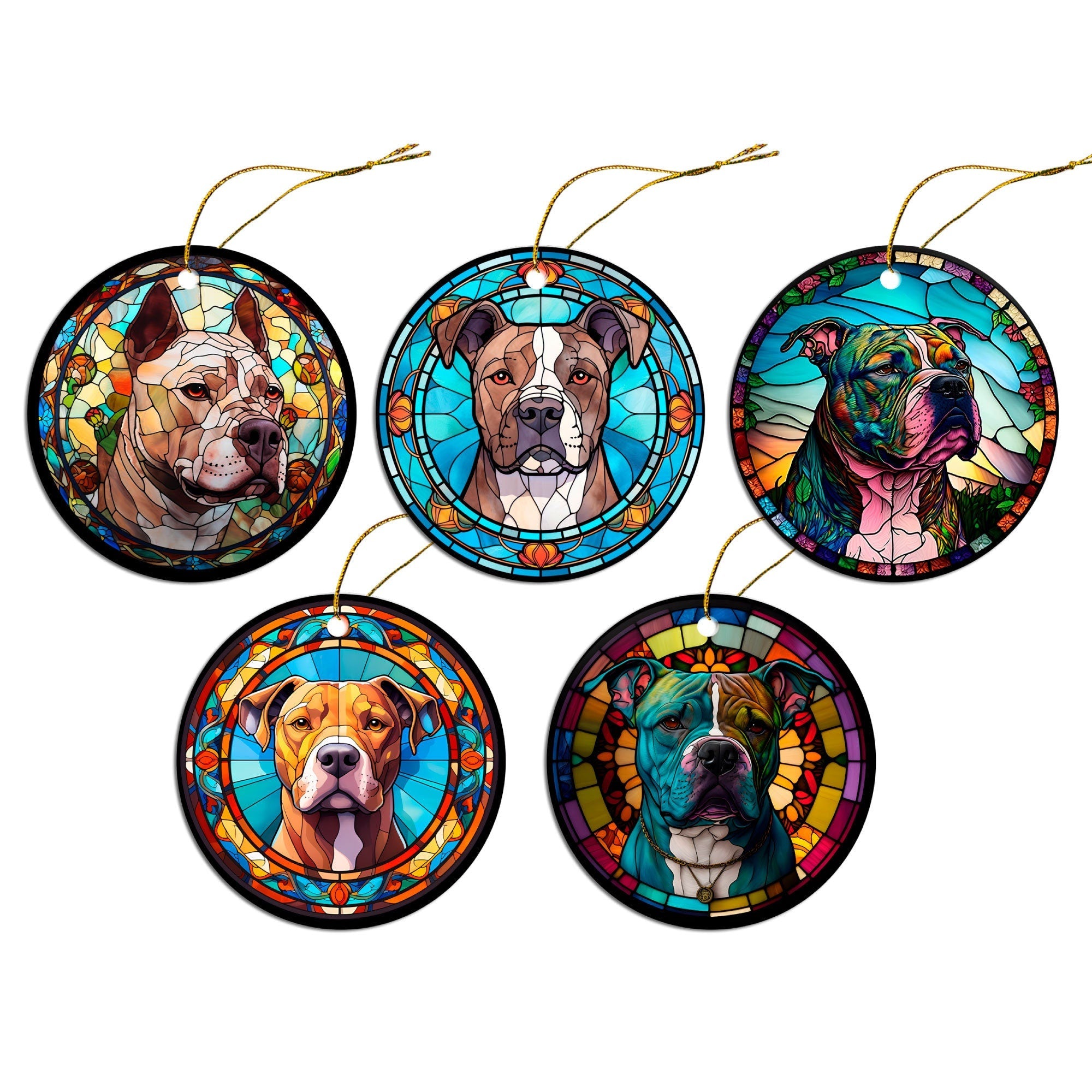 Dog Breed Christmas Ornament Stained Glass Style, "Pit Bull"