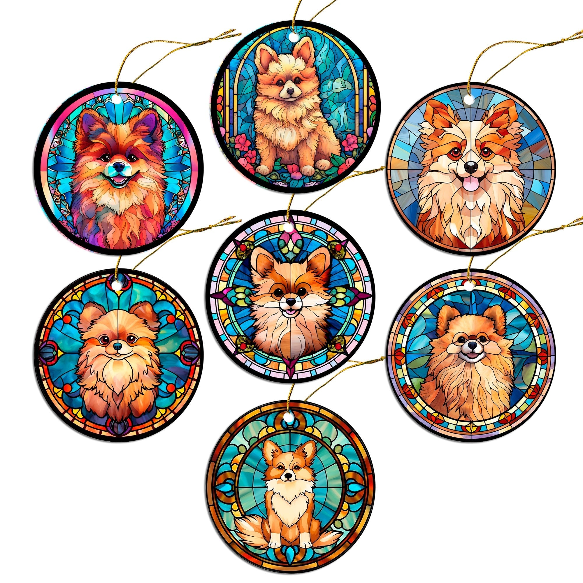 Dog Breed Christmas Ornament Stained Glass Style, "Pomeranian"