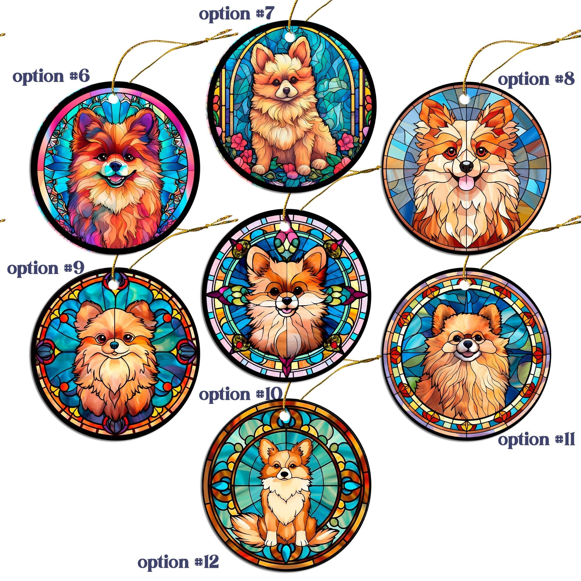 Dog Breed Christmas Ornament Stained Glass Style, "Pomeranian"