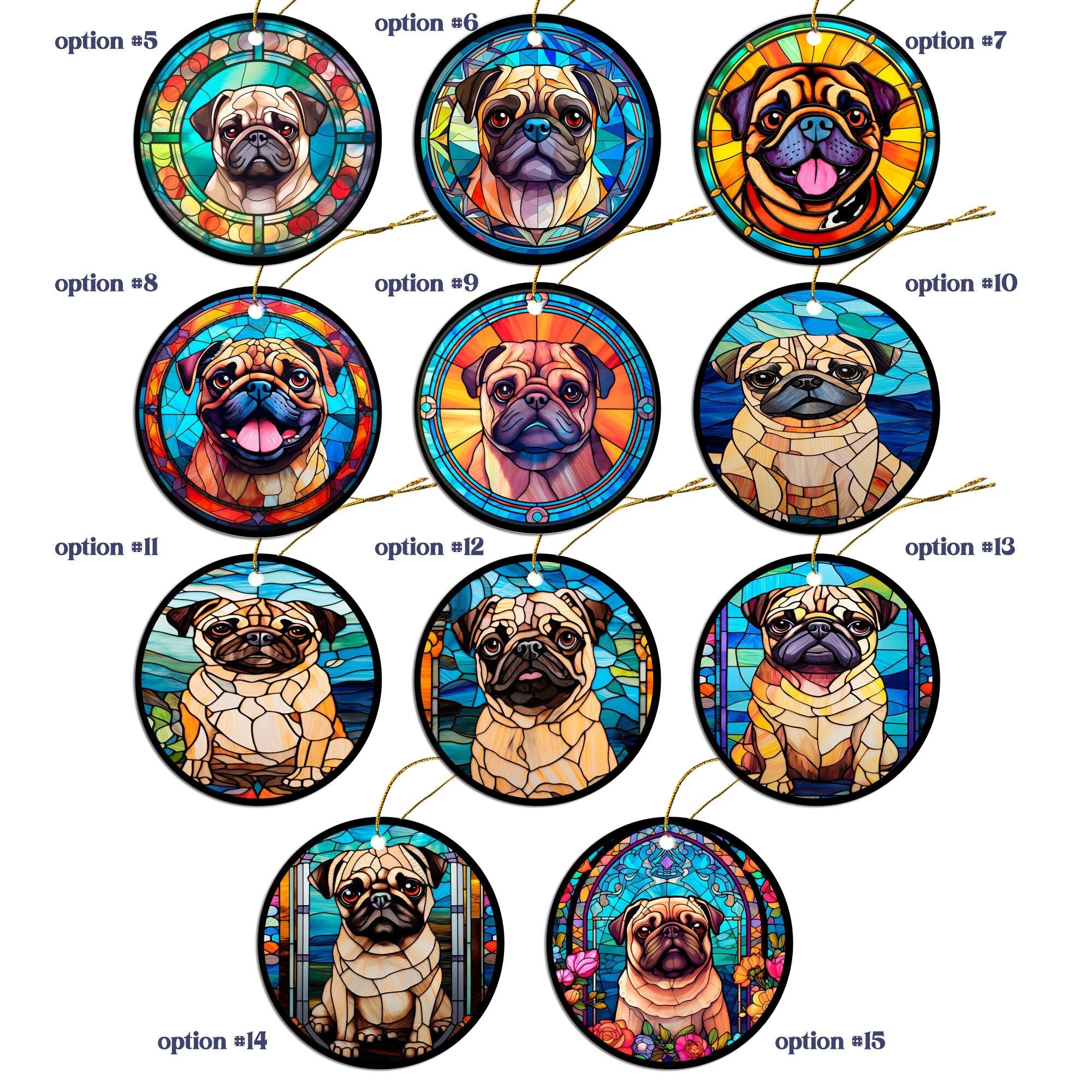 Dog Breed Christmas Ornament Stained Glass Style, "Pug"