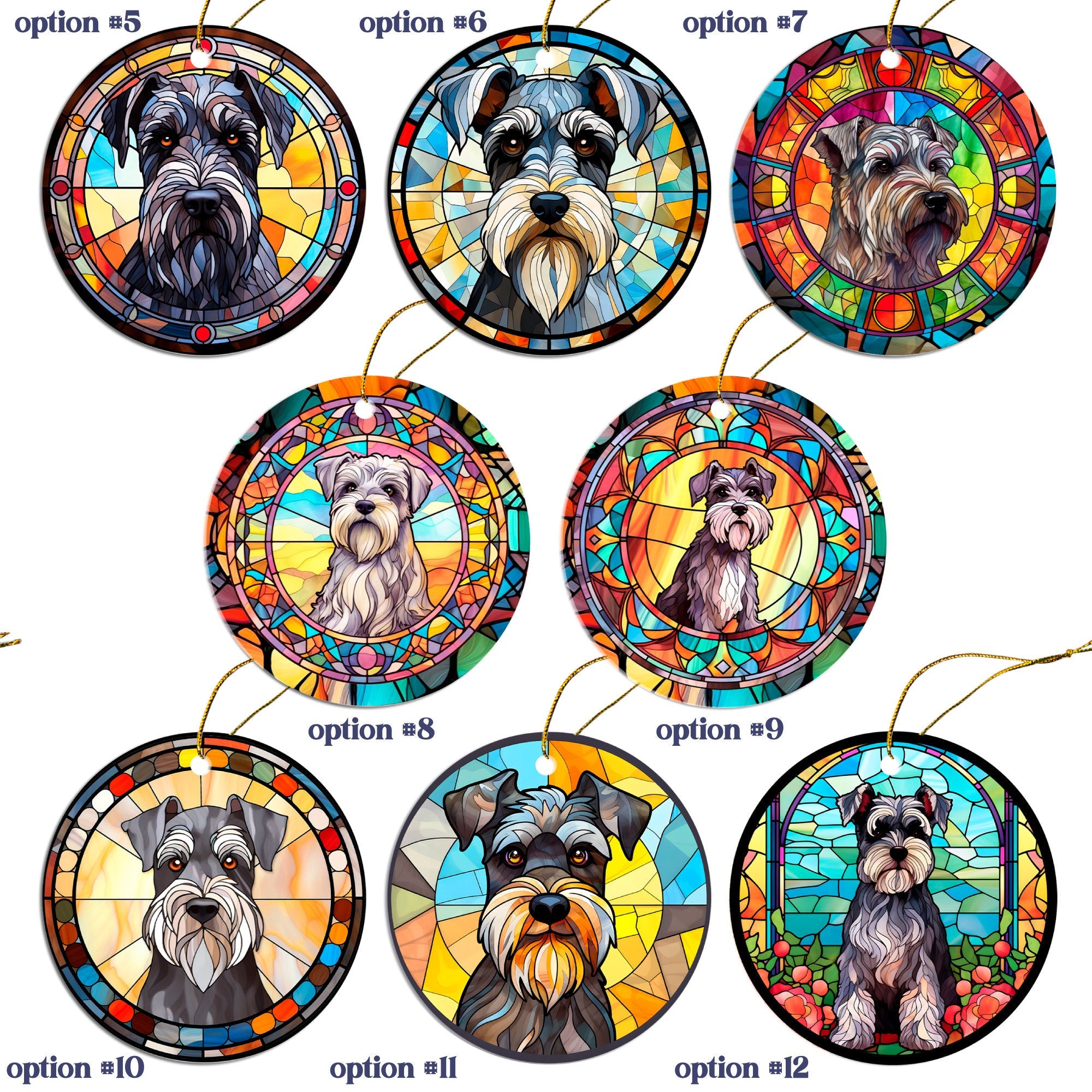 Dog Breed Christmas Ornament Stained Glass Style, "Schnauzer"