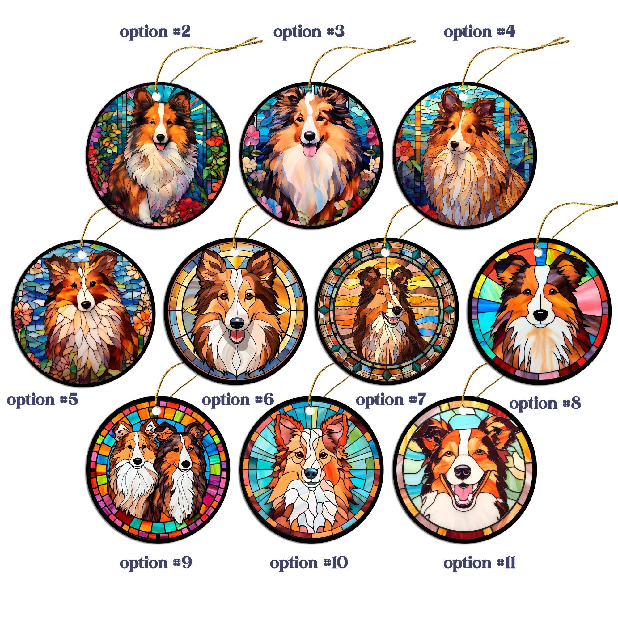 Dog Breed Christmas Ornament Stained Glass Style, "Sheltie"