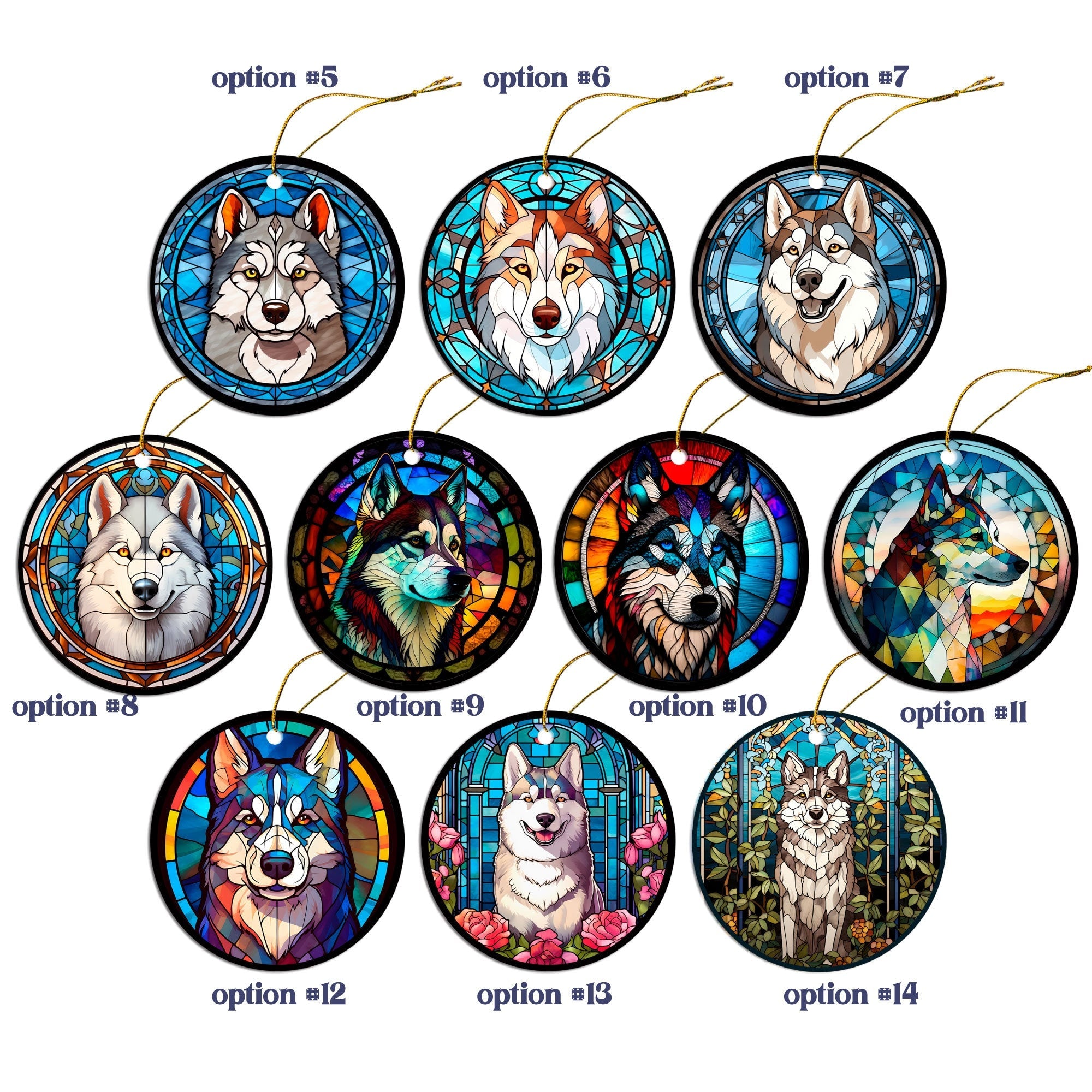 Dog Breed Christmas Ornament Stained Glass Style, "Siberian Husky"