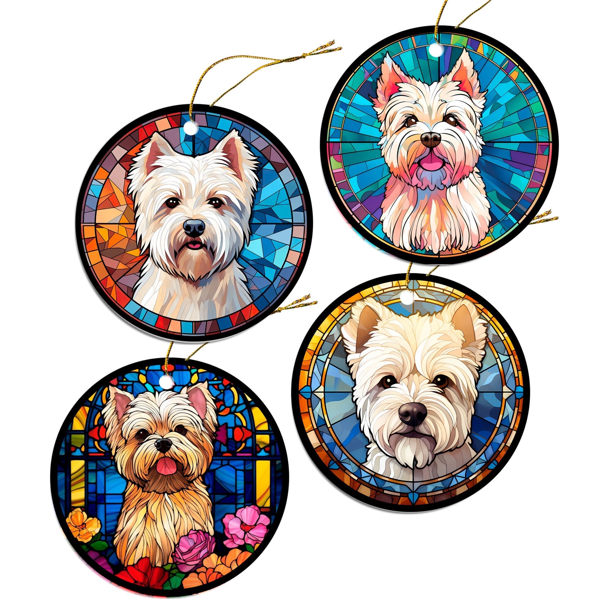 Dog Breed Christmas Ornament Stained Glass Style, "Westie"