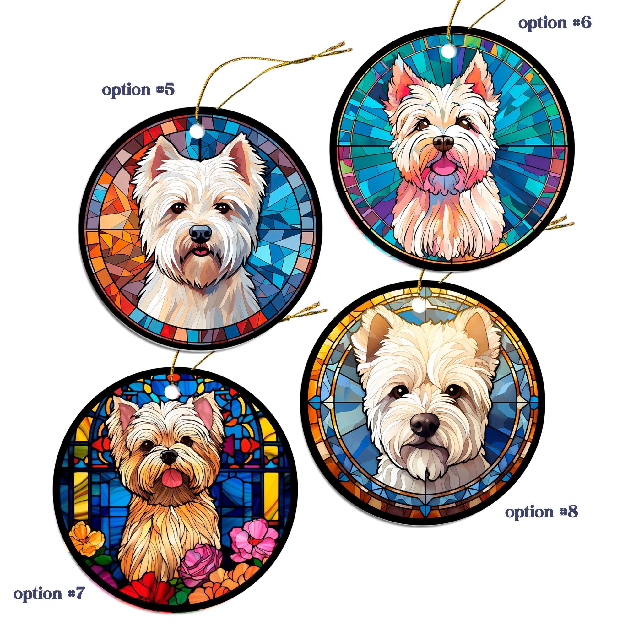 Dog Breed Christmas Ornament Stained Glass Style, "Westie"